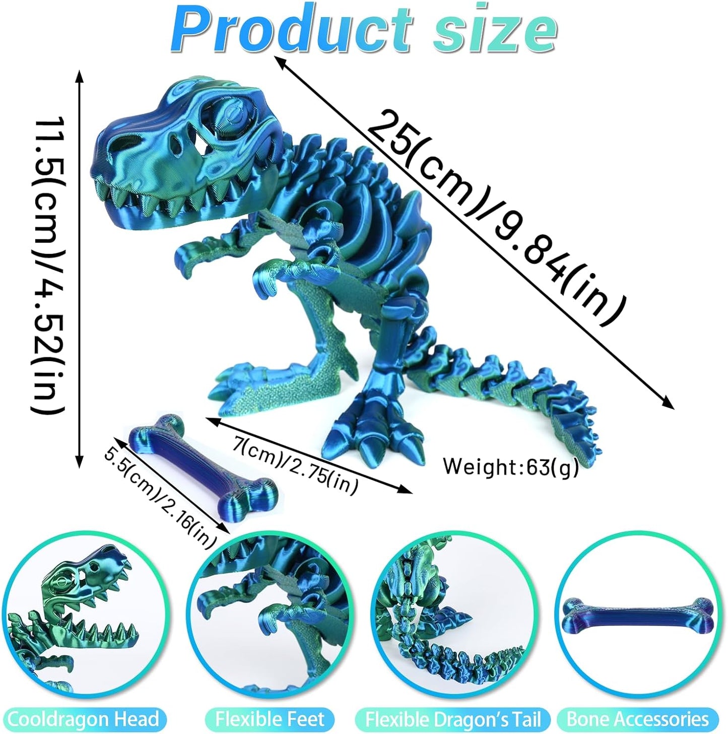 3D Printed Dinosaur Bone Skeleton Tyrannosaurus Rex with Movable Jaw Fidget Dinosaur Toys Full Articulated Dinosaur Executive Desk Toys Home Office Decor, Blue Mix Green