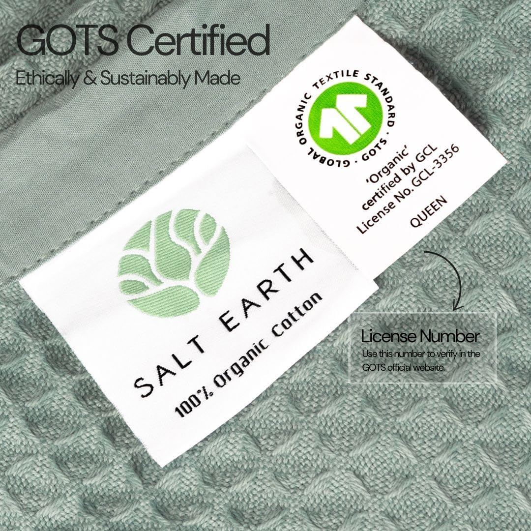 Salt Earth GOTS Certified 100% Organic Cotton Throw Blanket, 90" X 90" Blankets & Throws for Bed, Throw Blanket for Couch,Modern & Cozy Blanket, All Seasons Waffle Blanket, Soft Blanket (Silver Blue)