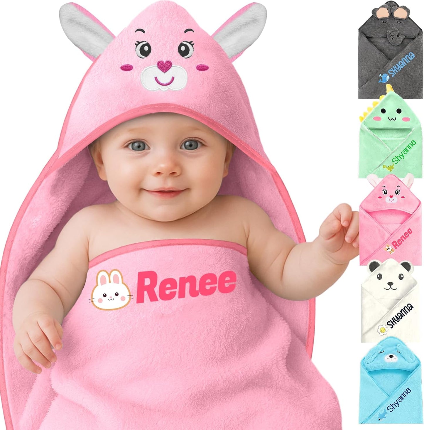 Personalized Baby Towels Hooded with Name, Custom Toddler Bath Towel with Hood for Girl Boy, Warm Swaddle Blanket, Customized Newborn Gifts - Printed (Pink Rabbit)