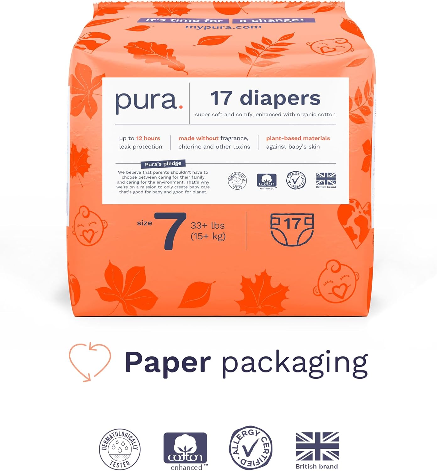 Pura Size 7 Eco-Friendly Diapers (33+lbs) Totally Chlorine Free (TCF) Hypoallergenic, Soft Organic Cotton, Sustainable, up to 12 Hours Leak Protection, Allergy UK, 3 Packs of 17 (51 Diapers)