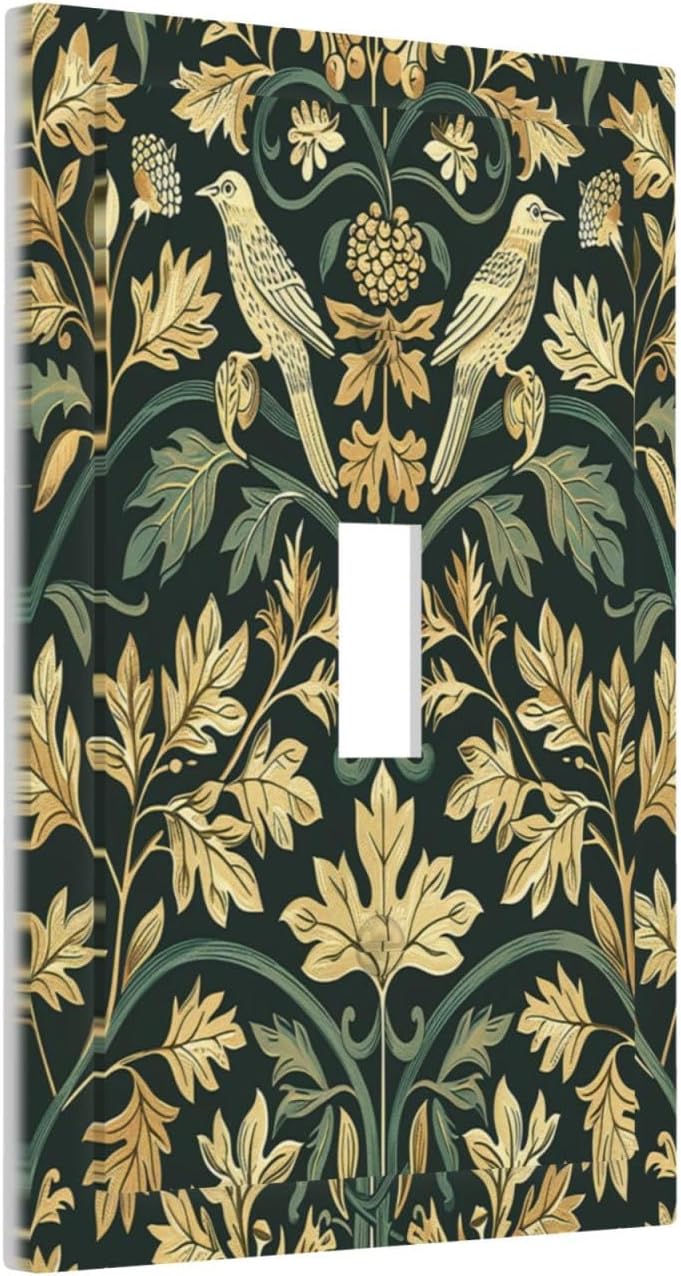 Decorative Light Switch Cover William Morris Vintage Botanical Birds Golden Green Leaves 1 Gang Single Toggle Device Electrical Faceplate Switchplates Decorator Outlet Wall Plate for Bedroom