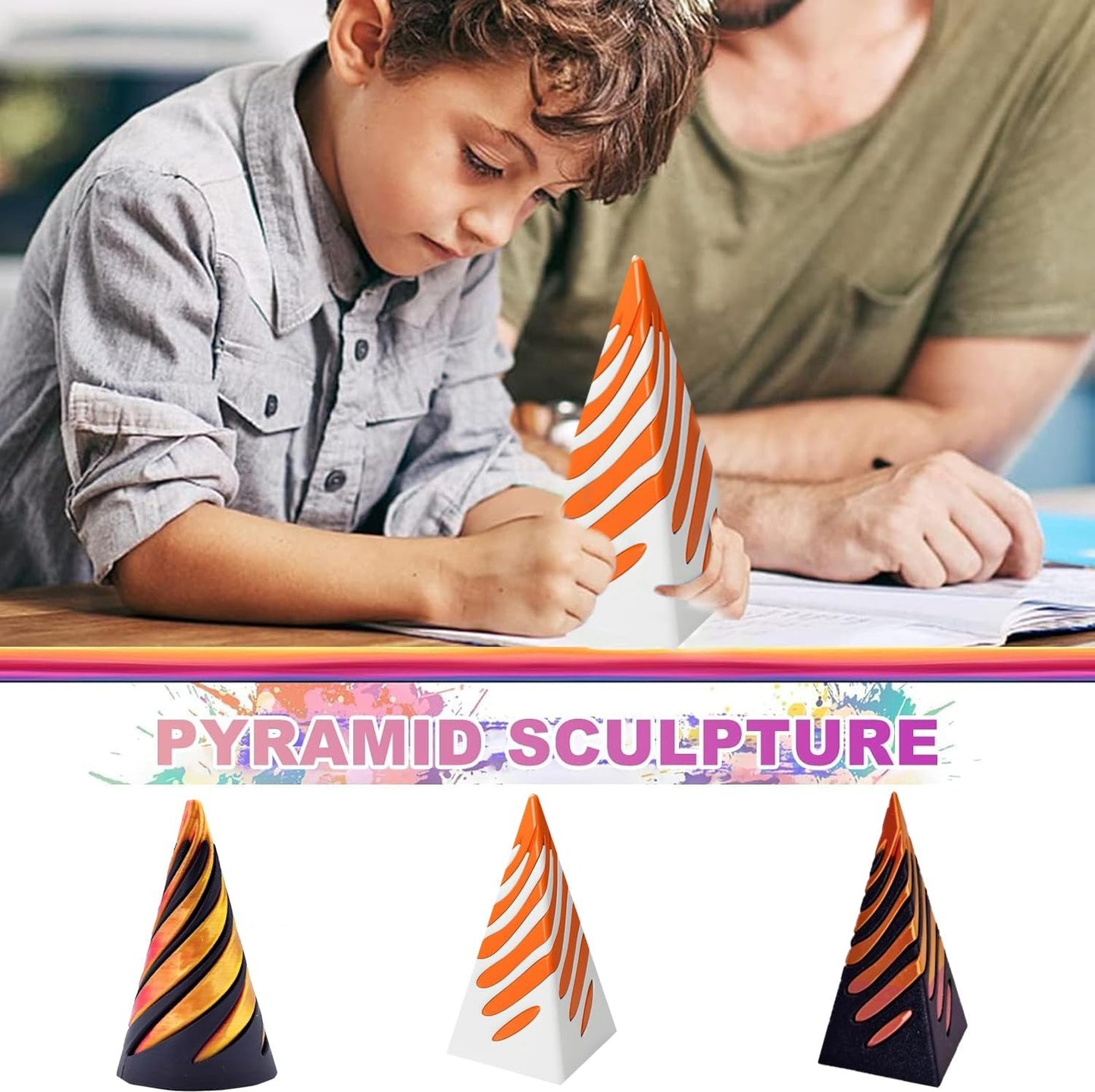 Impossible Pyramid Passthrough Sculpture,Pyramid Passthrough Sculpture-3D Printed Spiral Cone Toy Pyramid Decor Home Desktop Fidget Toys for Adults with Anxiety (Orange) (White Orange)