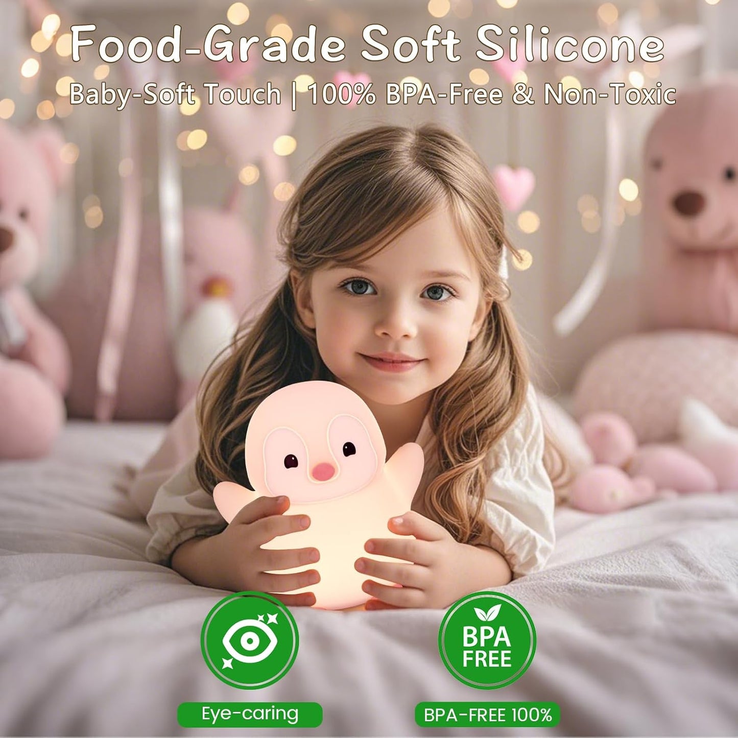 Pink Penguin Night Light,Food Grade Soft Silicone Nursery Nightlight for Baby,LED Squishy Novelty Animal Bedside Lamp,Rechargeable/Dimmable/Timer,Funny Gifts for Kids Girls Adults Teens