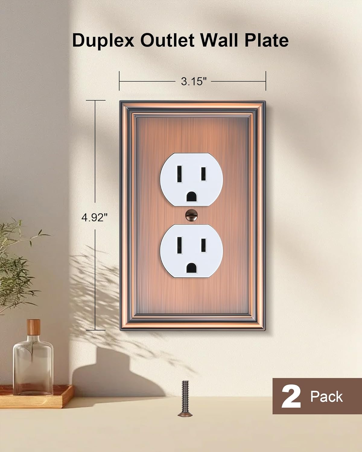 2-Pack Single Duplex Outlet Cover Plate, Decorative Antique Copper Switch Plates and Outlet Covers, Metal Wall Plates for Electrical Outlets, 1 Gang Receptacle Cover, Corrosion Resistant