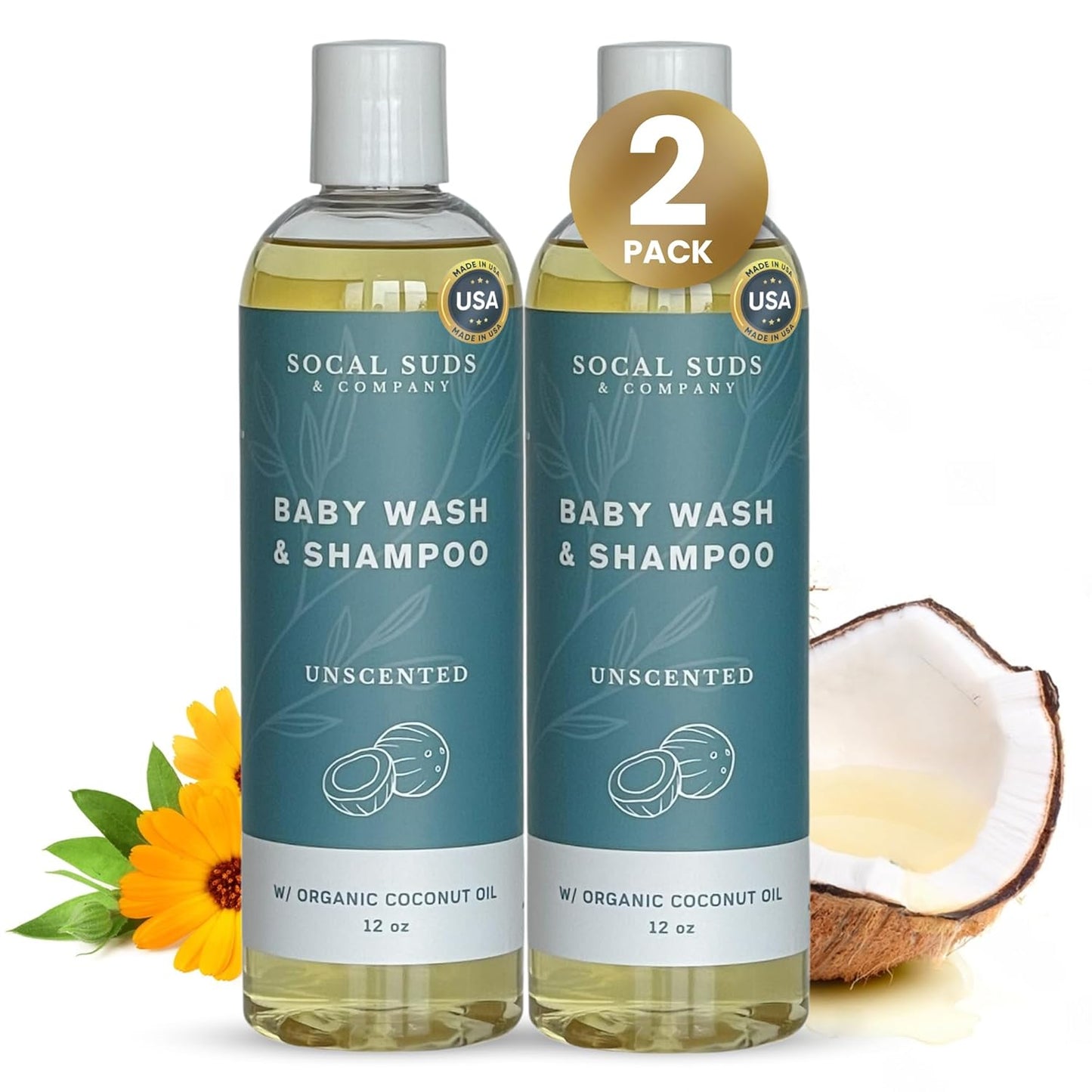 SoCal Suds & Company Baby Shampoo & Body Wash, 2-in-1 Organic Gel - Gentle Castile Soap with Vitamin-Infused Oils & Botanicals - Natural Care for Sensitive Skin Hypoallergenic -12oz Fragrance Free 2Pk