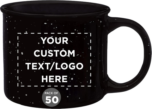 DISCOUNT PROMOS Custom Ceramic Campfire Coffee Mugs 13 oz. Set of 50, Personalized Bulk Pack - Perfect for Tea, Espresso, Cappuccino, Hot Cocoa - Black