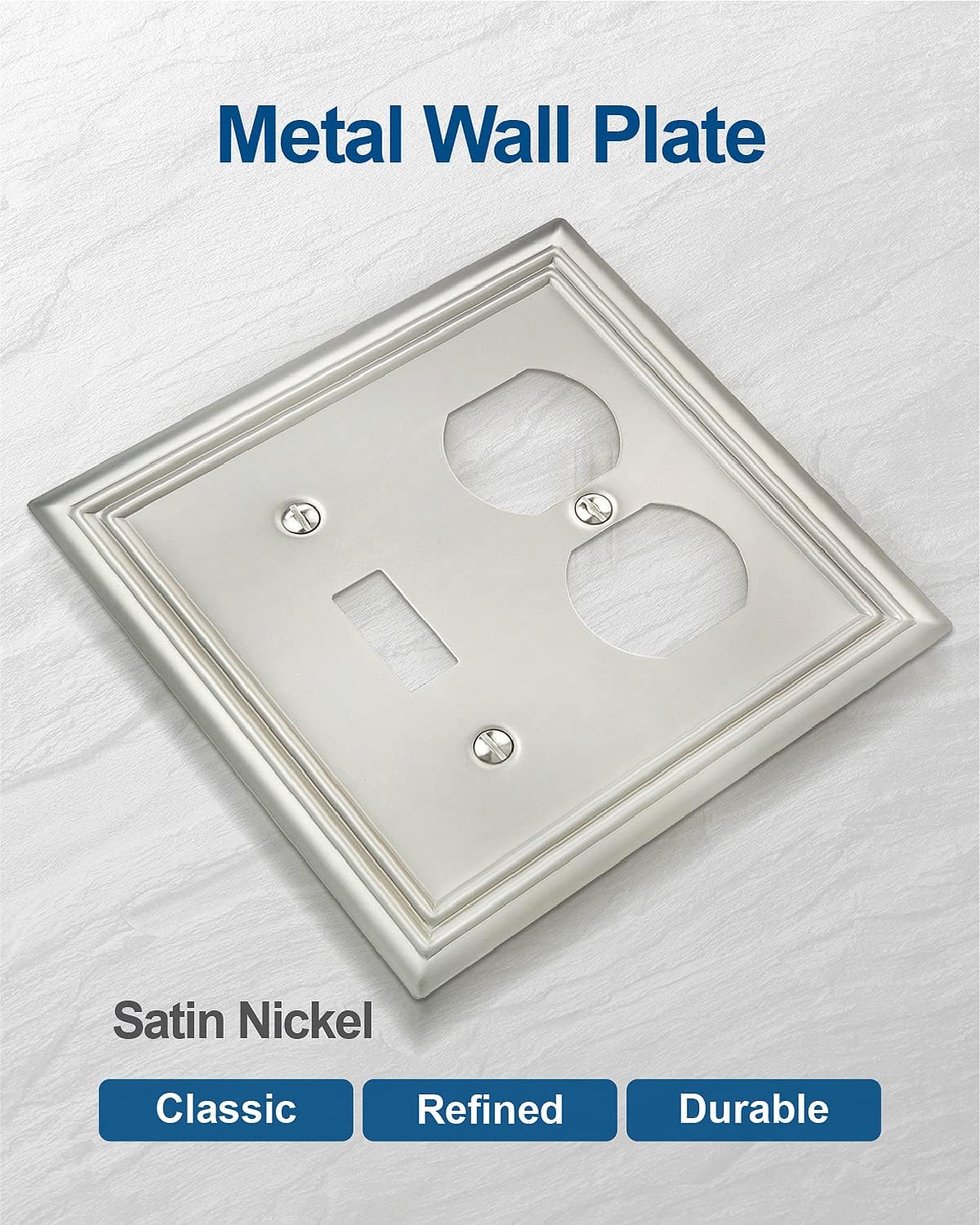 2-Pack Combination Toggle/Duplex Wall Plate, Wall Outlet Covers for Double Light Switches, Receptacle Outlet, Dimmer Switch, Satin Nickel Finish, Midsize, A031 Series