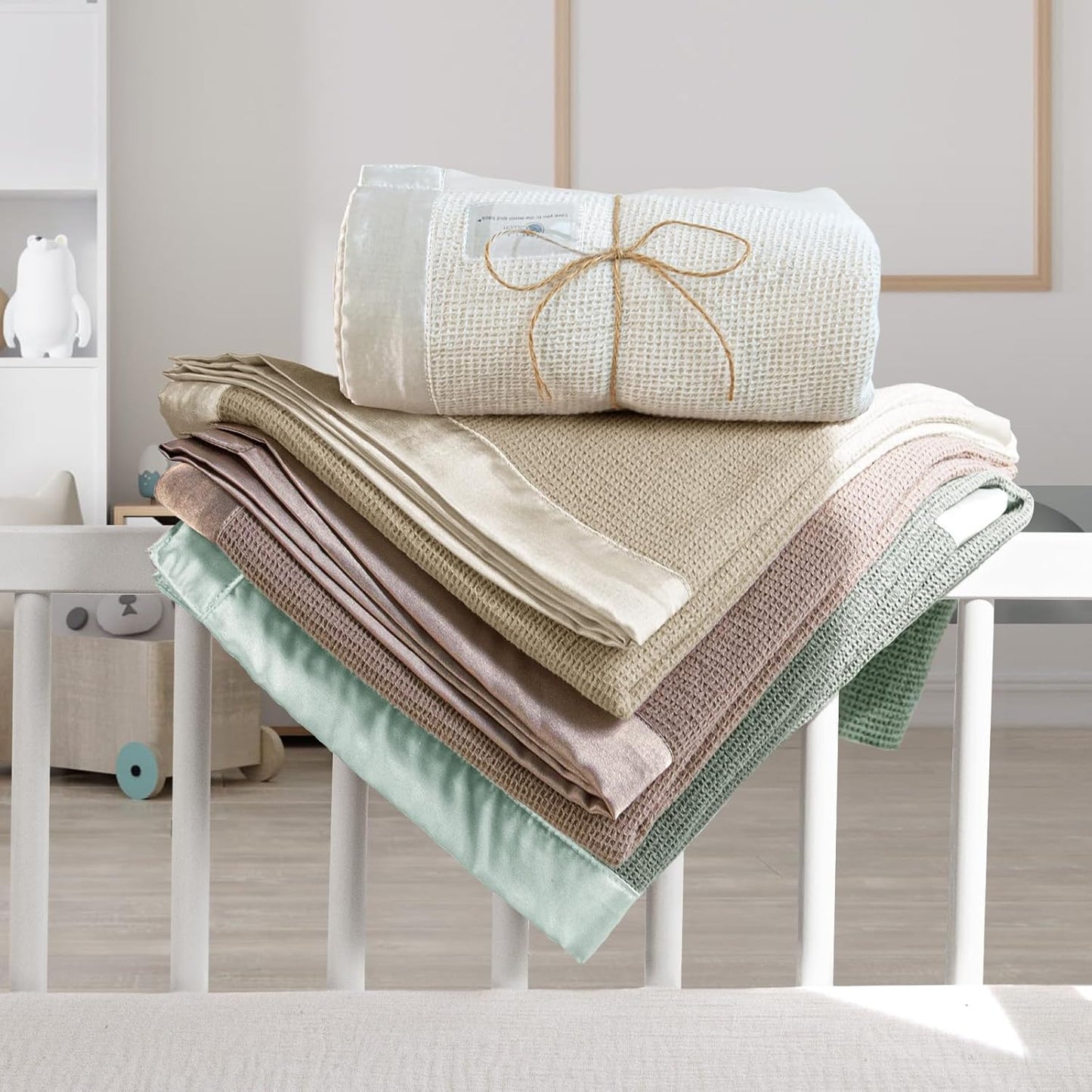 lulumoon Swaddle Baby Blanket: Waffle Blanket with Satin Trim - Breathable Toddler Blankets Perfect for Nursing Cover and Playtime - Cotton Crib Quilt for Daytime Naps 40"x36"(Dusty Rose)