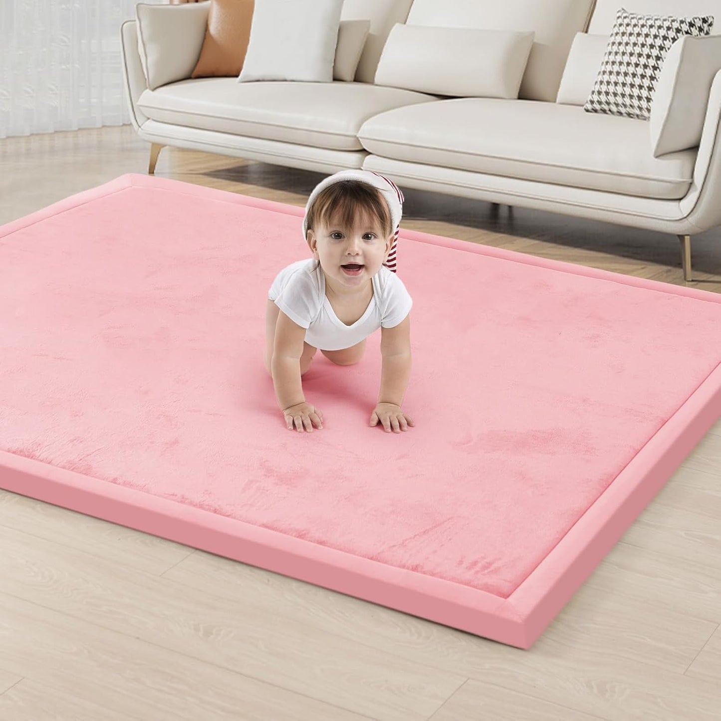 ACOMOPACK Baby Play Mat for Floor 1.3" Thick Memory Foam Play Mats 71"×79" Tummy Time Crawling with Non-Slip Bottom for Living Room,Nursery,Soft Velvet Playpen for Kids,Infants（Pink）