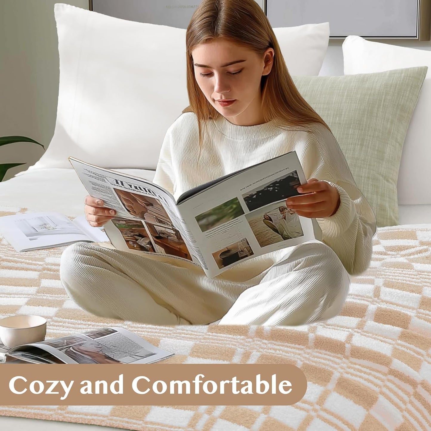 WRENSONGE Checkered Throw Blanket, Toast Almond Soft Cozy Fluffy Warm Hand Made Throw Blankets for Couch, Sofa, Chair, Bed, Camping, Picnic, Travel Lightweight Bed Blanket - 50"*60"