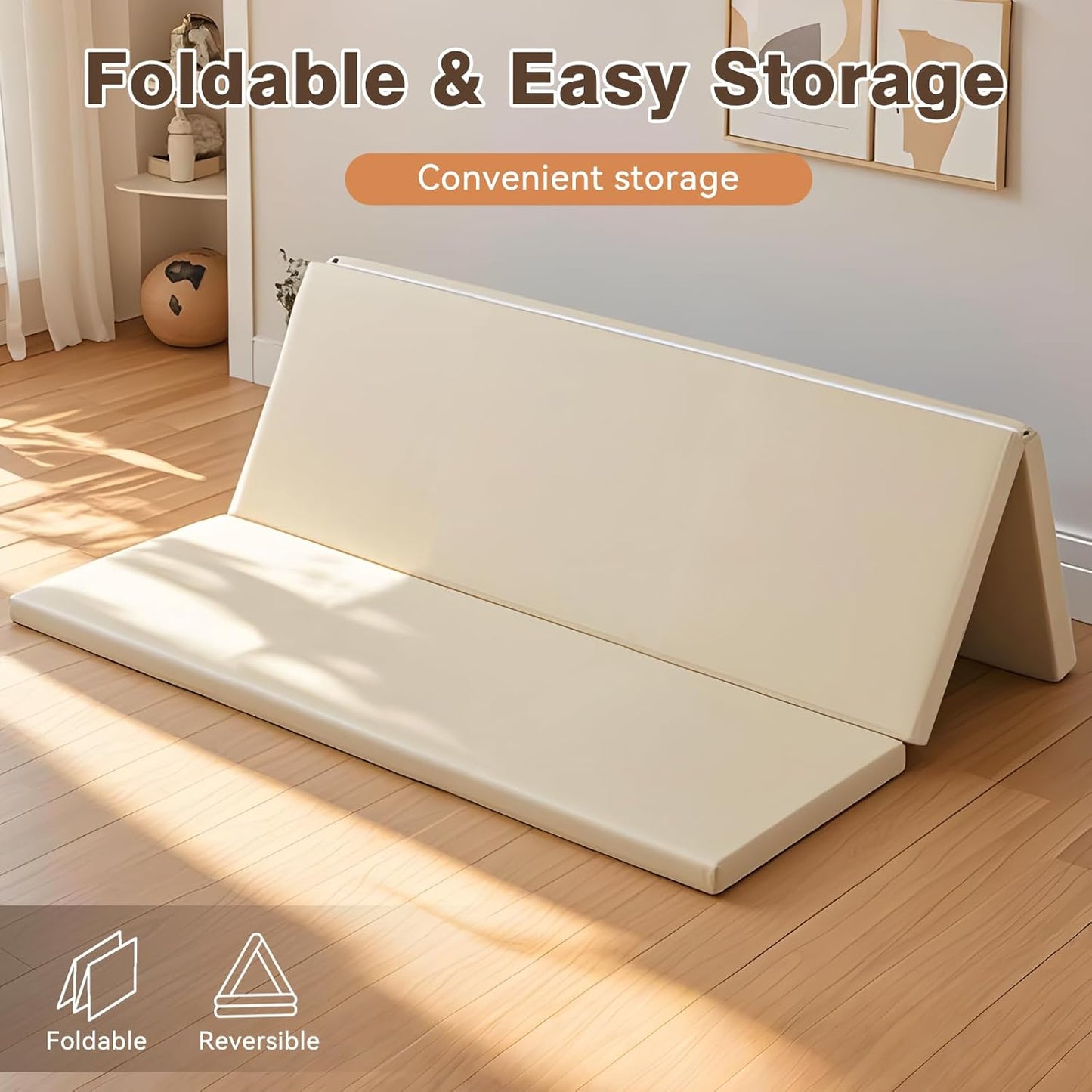 Foam Baby Play Mat: PU Leather Waterproof Kids Playmat - Trifold Floor Mat - Large Play Mat for Playpen Thick Pad Fodable Mattress Soft Toddler Mattress Infant Cushion for Preschool (Beige)