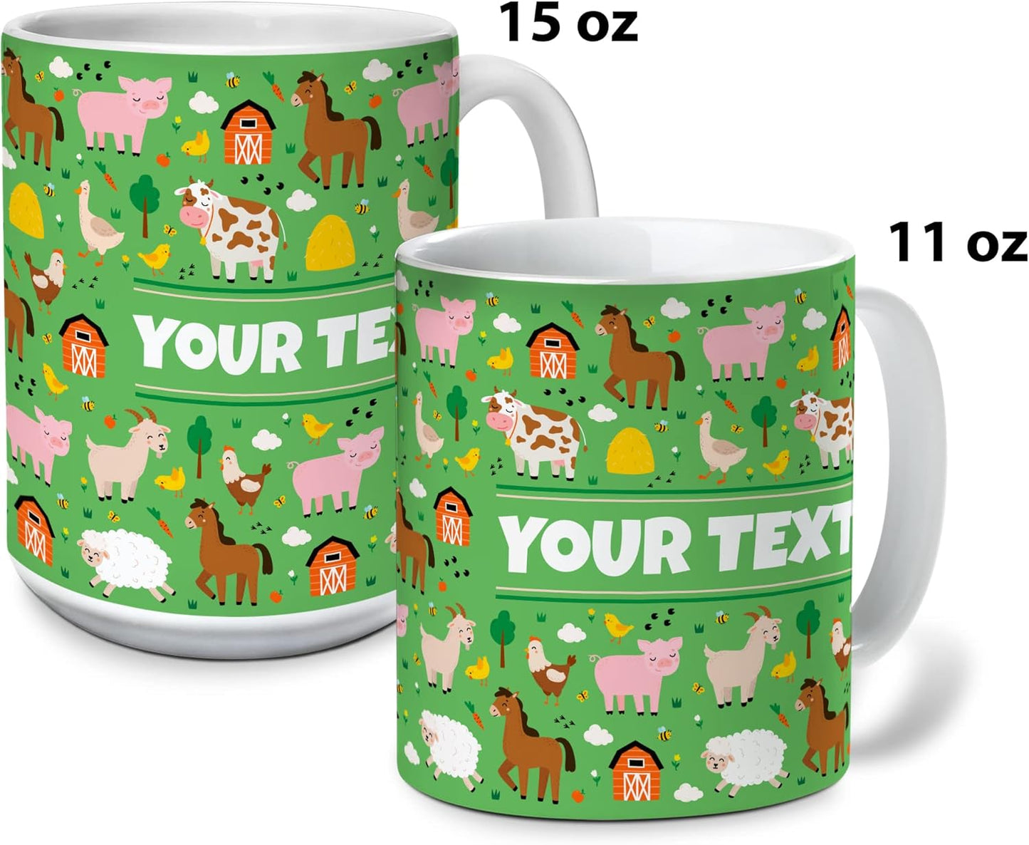 Personalized Mug for Kids - Farm Animals - Custom Name/Text, Ceramic Hot Chocolate/Cocoa/Coffee Cup for Boys/Girls, Birthday/Christmas/Holiday Gift - 15 oz, Light Blue Handle