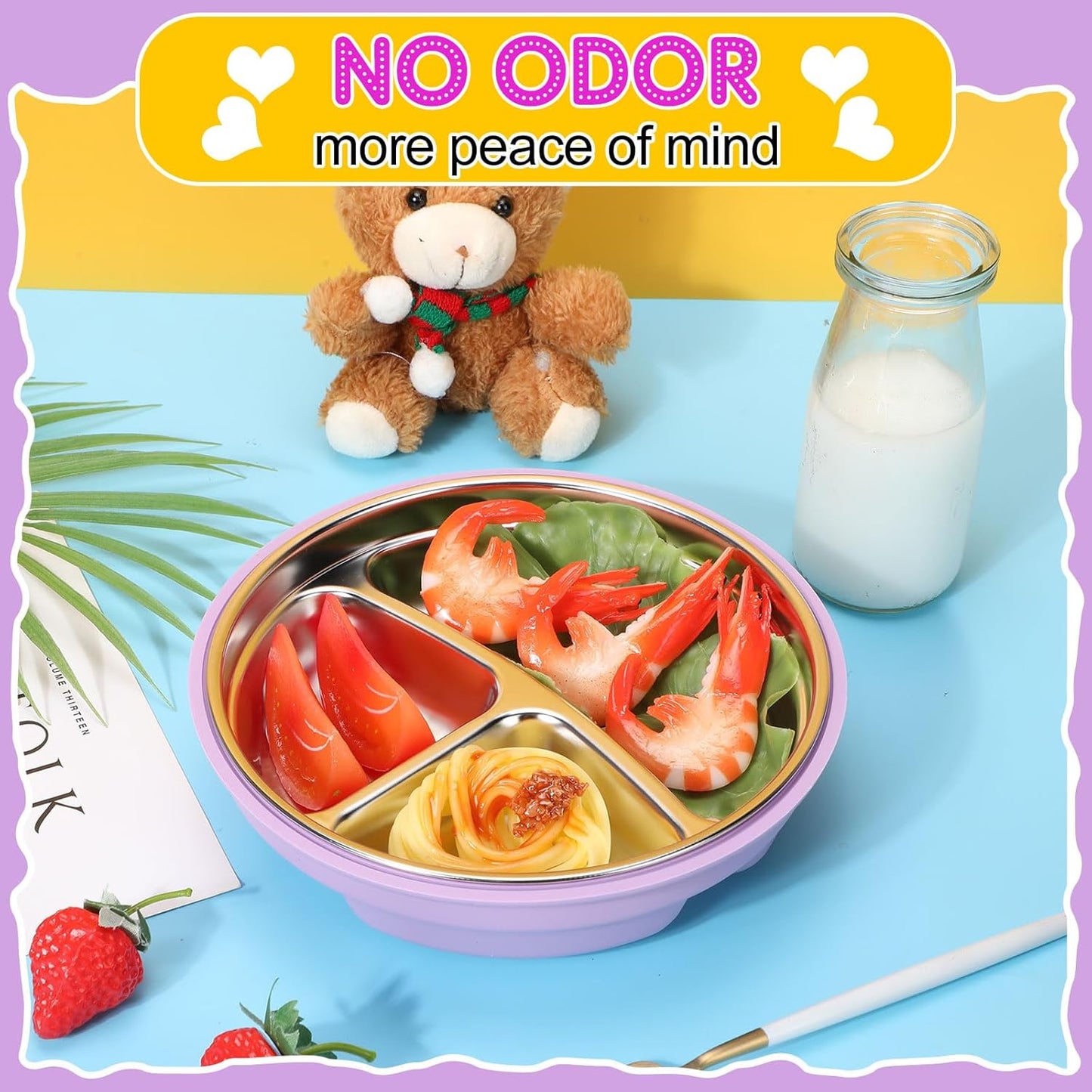 Nuogo 1 Pcs Stainless Steel Baby Suction Plates with Removable Silicone Shell 2-in-1 Metal Toddler Bowl Divided for Picky Eaters Kid Feeding Led Weaning Supply, Dishwasher Safe (Purple)