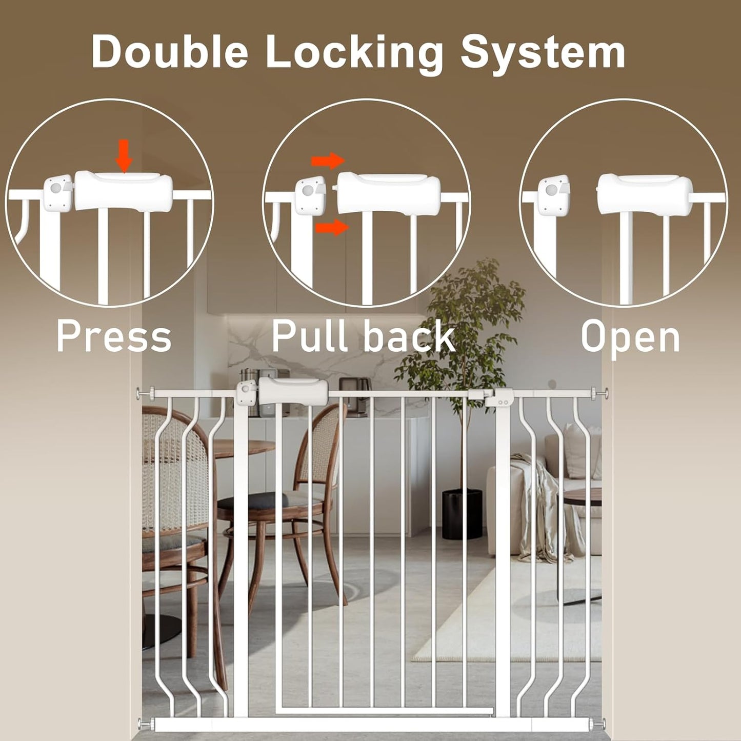 ALLAIBB Extra Wide Baby Gate Pressure Mount with Auto-Close, White Metal Safety Gate for Stairs & Doorways - Child Proof, Pet Barrier for Hallways, Kitchen, Living Room for 29.13-33.86 inch