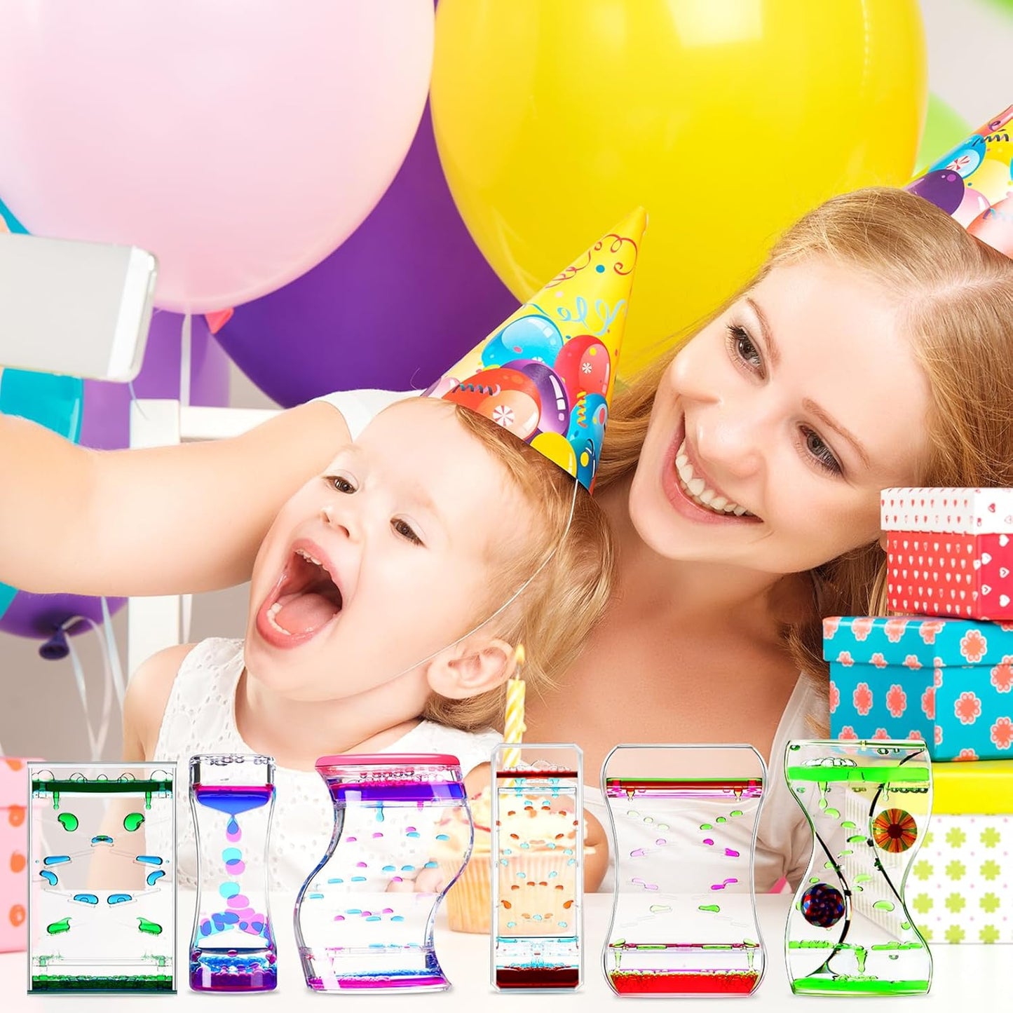 6 Pack Liquid Motion Bubbler Liquid Bubble Sensory Toys Colorful Oil Hourglass Fidget Toy Sensory Bottles Calming Toys Handheld Water Game for Boy Girl Autism ADHD Adults (Cute)