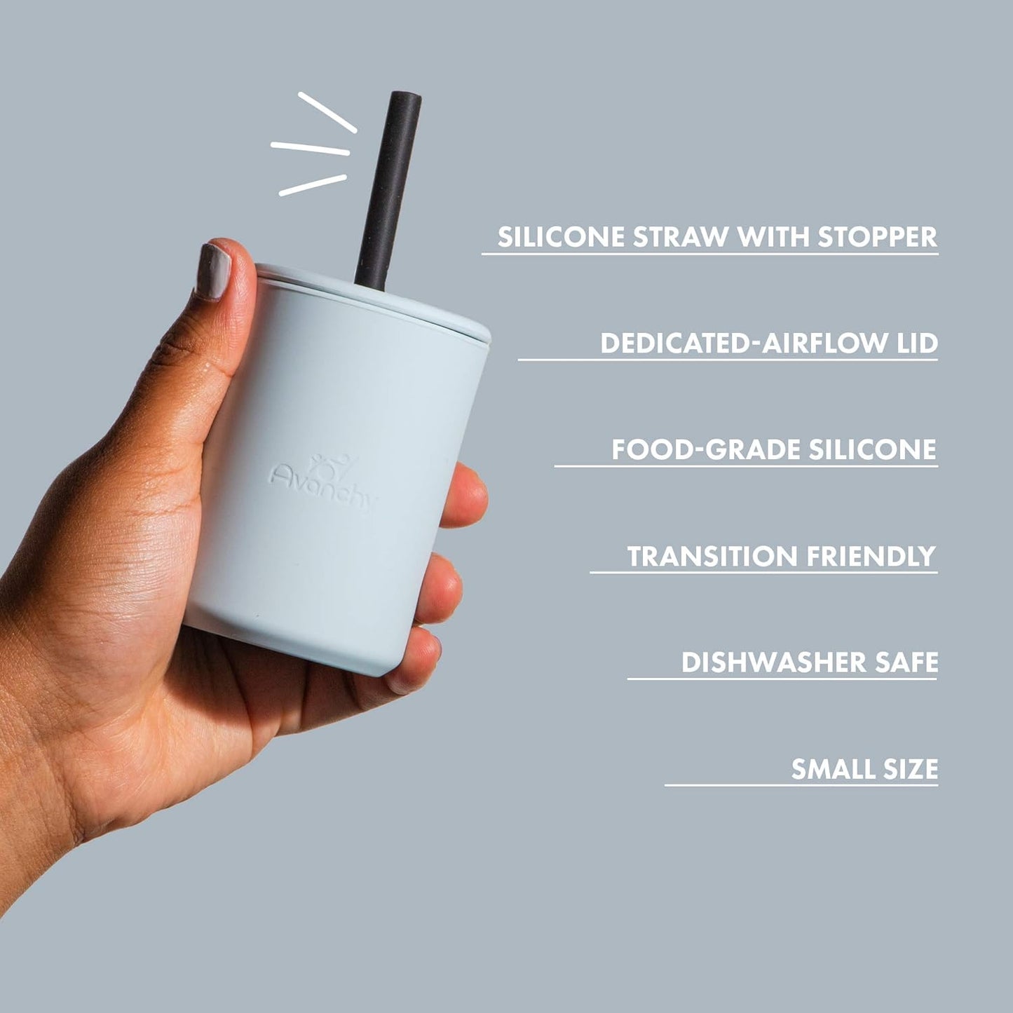 Avanchy Silicone Training Sippy Cup with Straw Lid – Tiny Cup for Babies 6+ Months to Toddlers 1 Year Old – 5 oz Infant Water Cup for Baby Led Weaning, See-Thru Blue