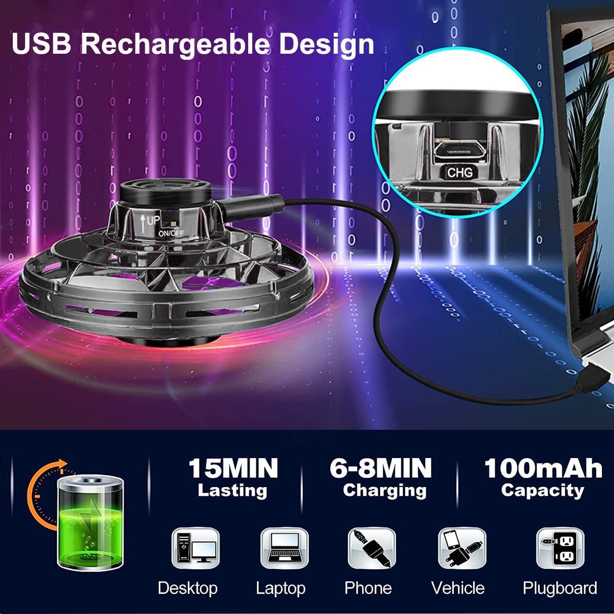 Flying I Fly Spinner, Fidget Spinner Flying Toys, Mini Fly UFO Hand Controlled Boomerang Drone, Cool Stuff Gadgets Gifts for Kids Boys Girls Teens 8 9 10+ Year Old Indoor Outdoor (Black)