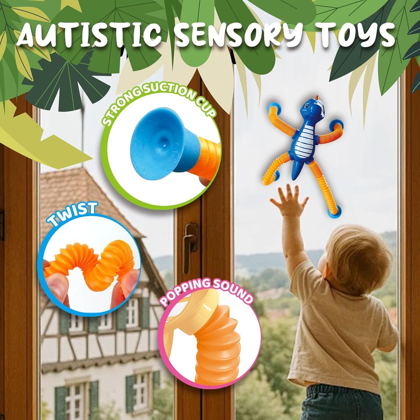 Dinosaur Pop Tubes Toys LED Light Up Mini Figures Fidget Sensory Toys Dino Telescopic Suction Cup Gift Sets, Toddler Autism Stress Relief Party Favors Prizes Stocking Stuffers for Kids 3+