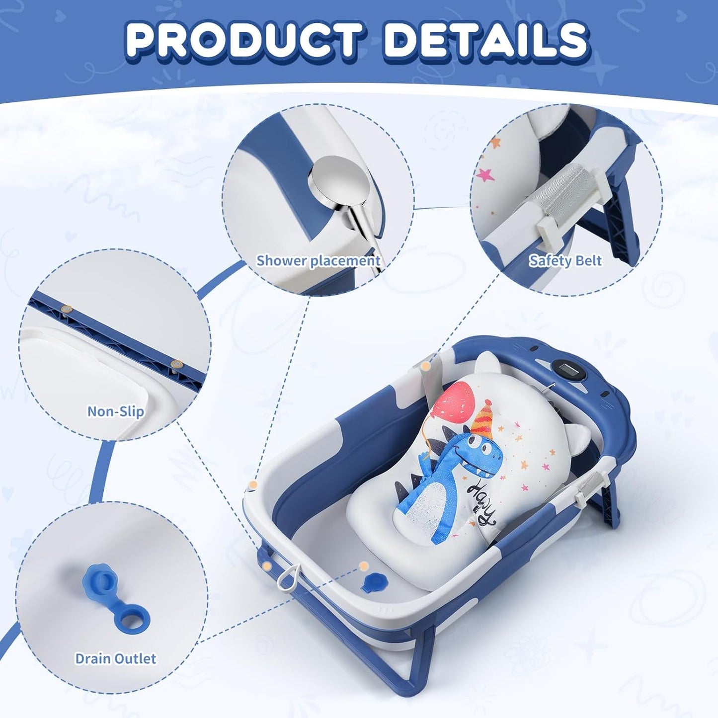 Baby Bathtub,Collapsible Baby Bath Tub with Thermometer & Soft Floating Cushion,Portable Travel Baby Bathtubs for Newborns to Toddlers 0-36 Months(Bear Blue)