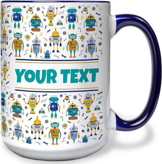 Personalized Mug for Kids - Robots - Custom Name/Text, Ceramic Hot Chocolate/Cocoa/Coffee Cup for Boys, Birthday/Christmas/Holiday Gift - 15 oz, Navy Blue Handle
