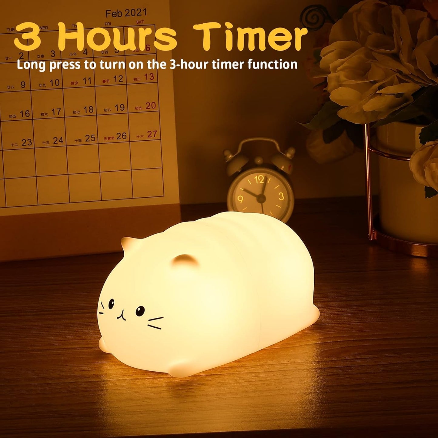 Tremdwoto Cat Night Light for Kids,Cute Colorful Night Light Baby Girl Squishy Night Light Lamp 3 Hour Timer Kitty Light USB Rechargeable Nursery Lamp Nightlight ，Gifts for Boys and Girls
