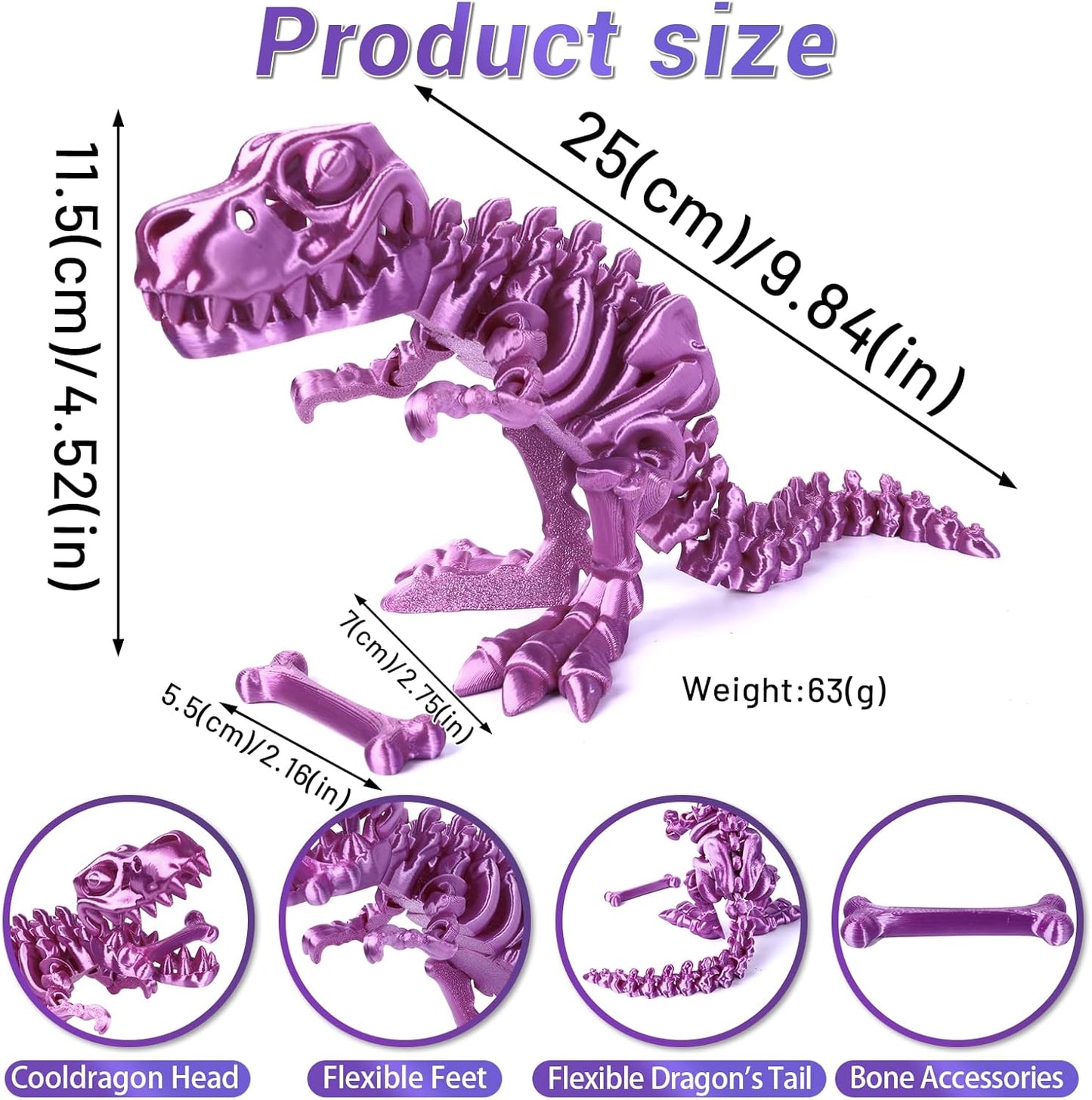 3D Printed Dinosaur Bone Skeleton Tyrannosaurus Rex with Movable Jaw Fidget Dinosaur Toys Full Articulated Dinosaur Executive Desk Toys Home Office Decor