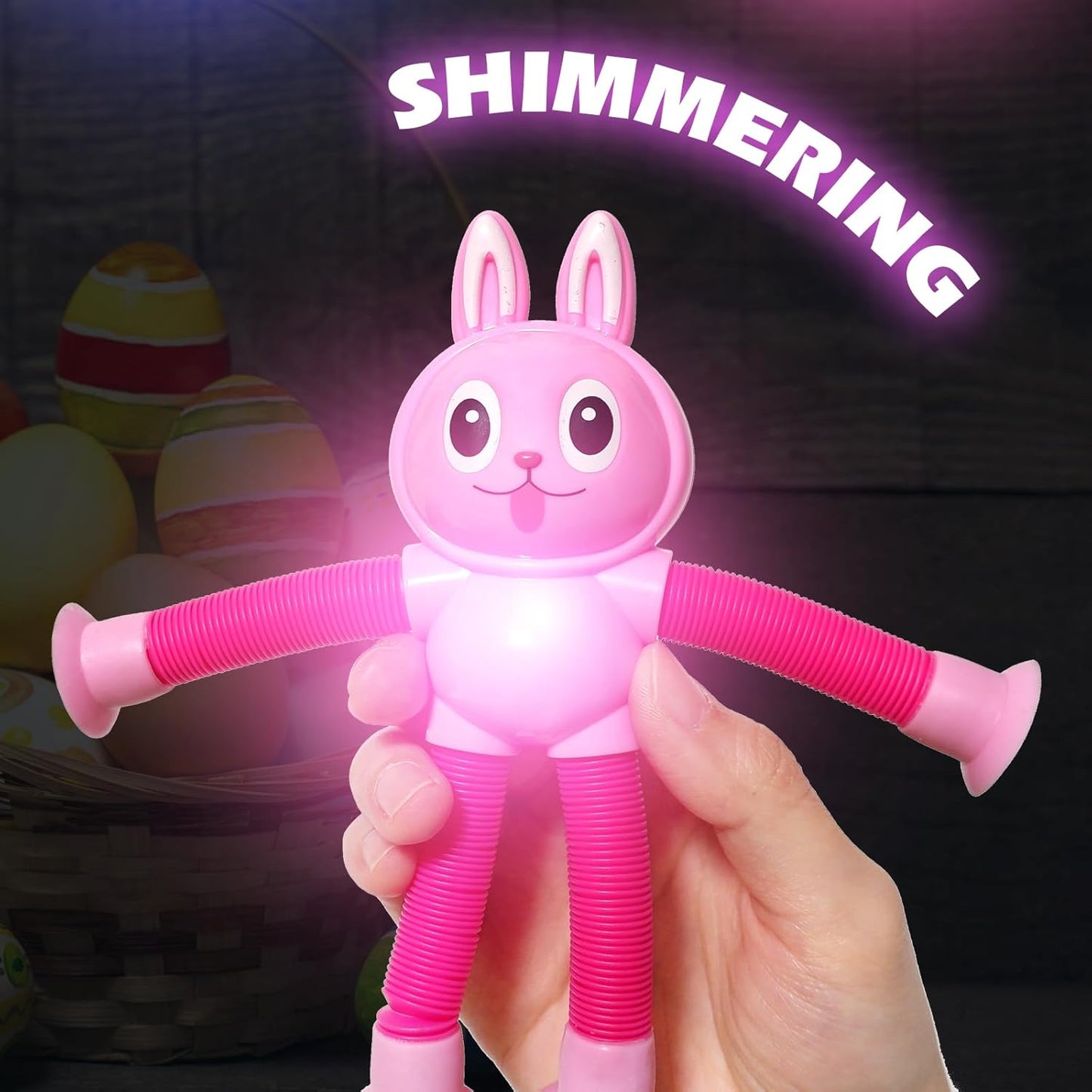 Easter Bunny LED Pop Tubes Light Up 4 Pcs Sensory Fidget Toys, Telescopic Suction Cup Easter Basket Stuffers Easter Egg Fillers Toys Party Favors Game Prizes Goody Bags Treats Gifts for Kids 3+