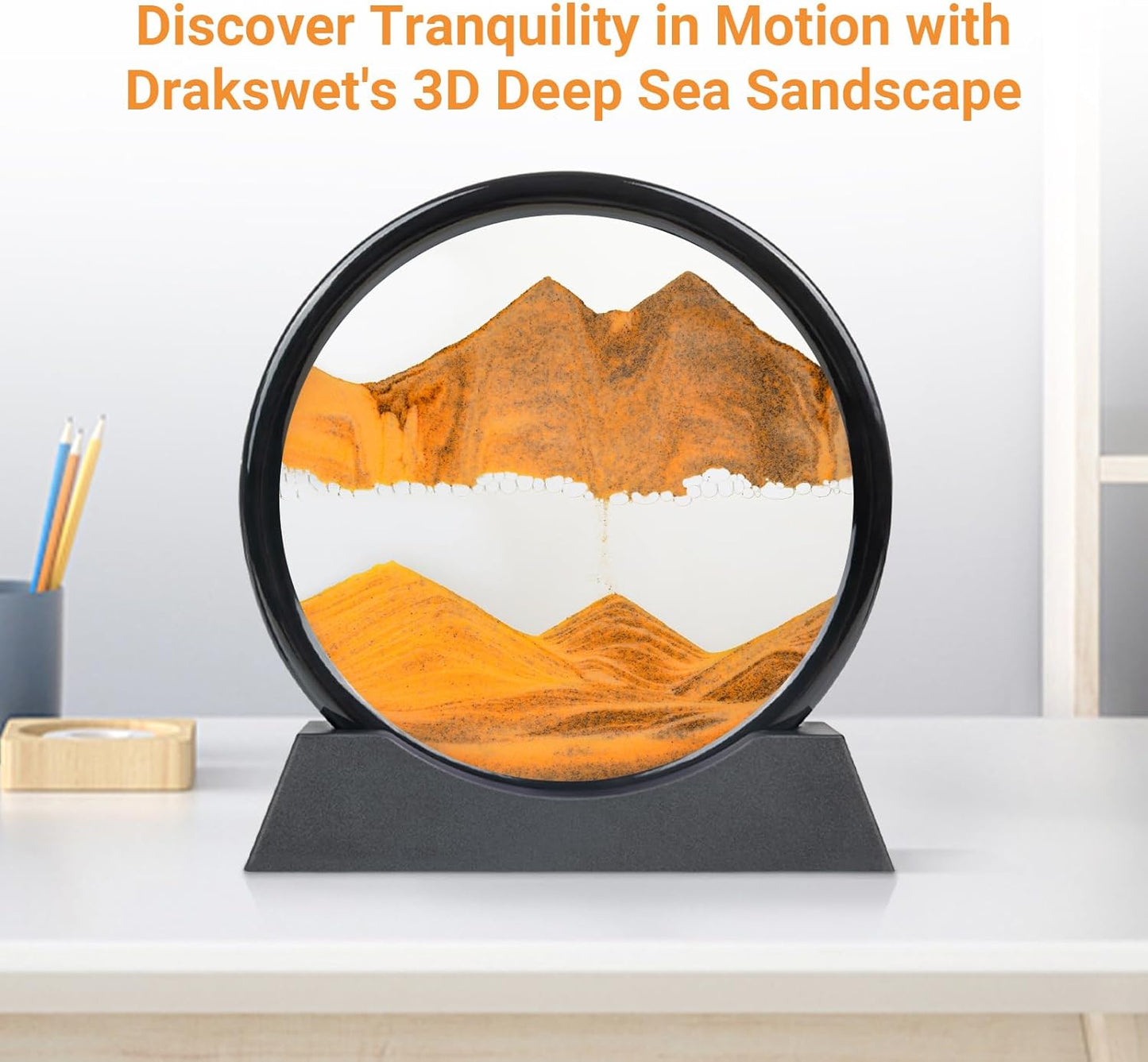 Drakswet Moving Sand Art Liquid Motion，Moving Sand Art Picture-3D Deep Sea Sandscape，Round Glass Frame Display Flowing Sand Relaxing Desktop Home Office Work Decor (Orange)