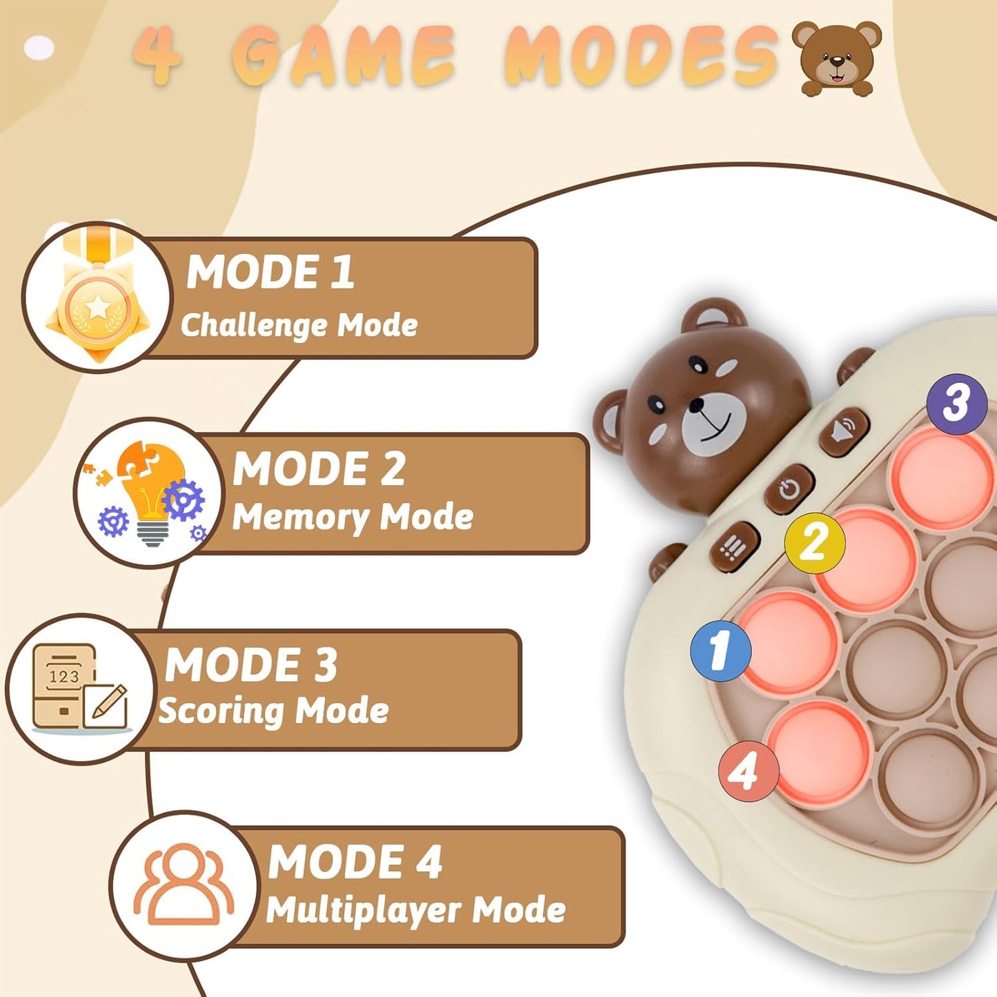 Toymaker Quick Push Game Console Handheld Game Toys Puzzle Popping Press Toy Interesting Push Bubble Fidget Stress Relief Toys Birthday Presents for 3+ Years Old Kids (Bear)