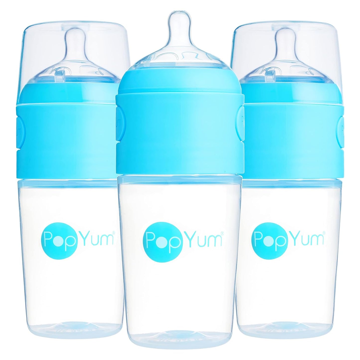 PopYum 9 oz Blue Anti-Colic Formula Making/Mixing/Dispenser Baby Bottles, 3-Pack with #2 Medium Flow Nipples, 260 ml, BPA-Free, Natural Latch