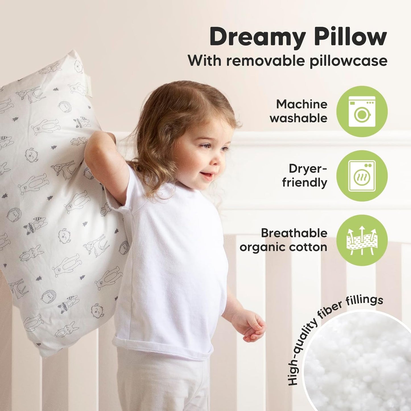 KeaBabies Toddler Pillow with Pillowcase, Jumbo 14X20 - Soft Organic Cotton Toddler Pillows for Sleeping - Machine Washable - Perfect for Travel, Toddler Bed Set (KeaFriends)