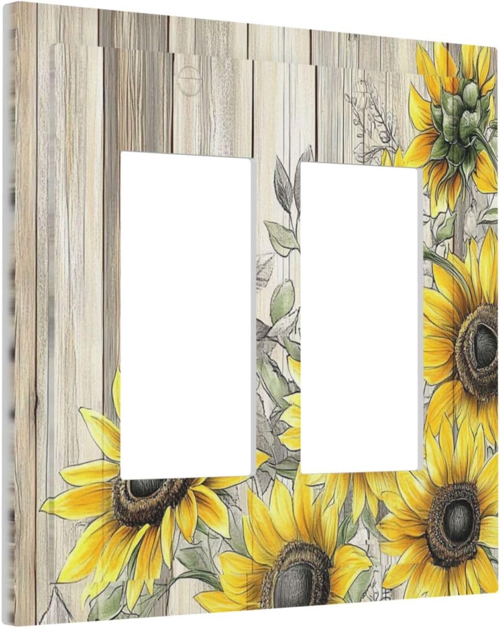 Decorative Outlet Covers Floral Sunflower Rustic Flower Vintage Wood 2 Gang Double Gfci Rocker Electrical Wall Panels Light Switch Cover Plate For Farmhouse Cabin Decor