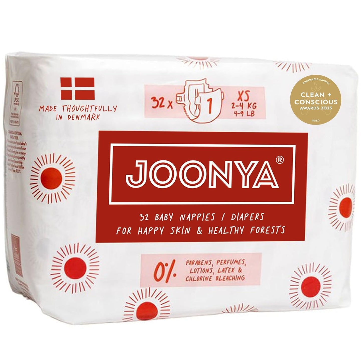 Joonya Baby Diapers, Size 1 XS (4-9 lb) - 1 Bag of 32 - New Range - NonToxic, Eco-Friendly, Ultra Slim, Overnight Use - Made in Denmark