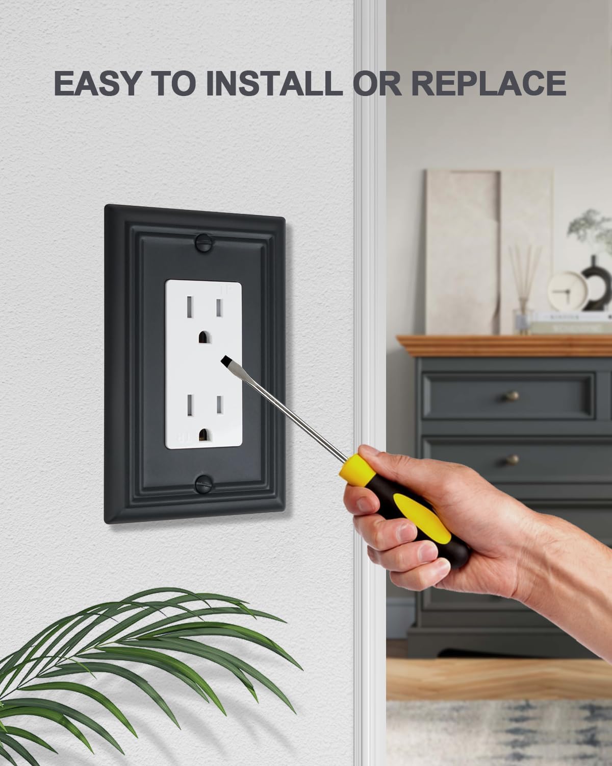 4-Pack Decorator Outlet Covers, Decorative Black Wall Plates, Metal Outlet Cover Plates for Receptacle, GFCI, Dimmer Switch, 3.15''*4.88'', Midsize