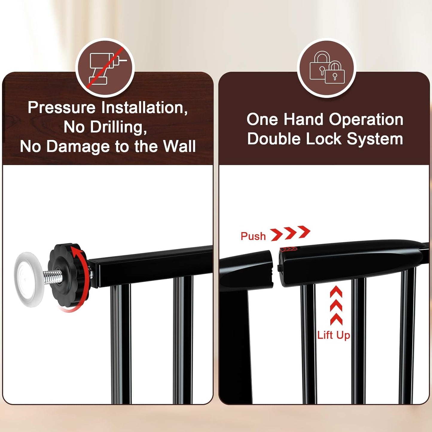 DEARBB Extra Wide Baby Gate Ultra Narrow Spacing 30.11-77.36" Pressure Mounted Double Lock Swing Auto Close Walk Through Metal Safety Pet Gate for Stairs and House Doorway Kitchen