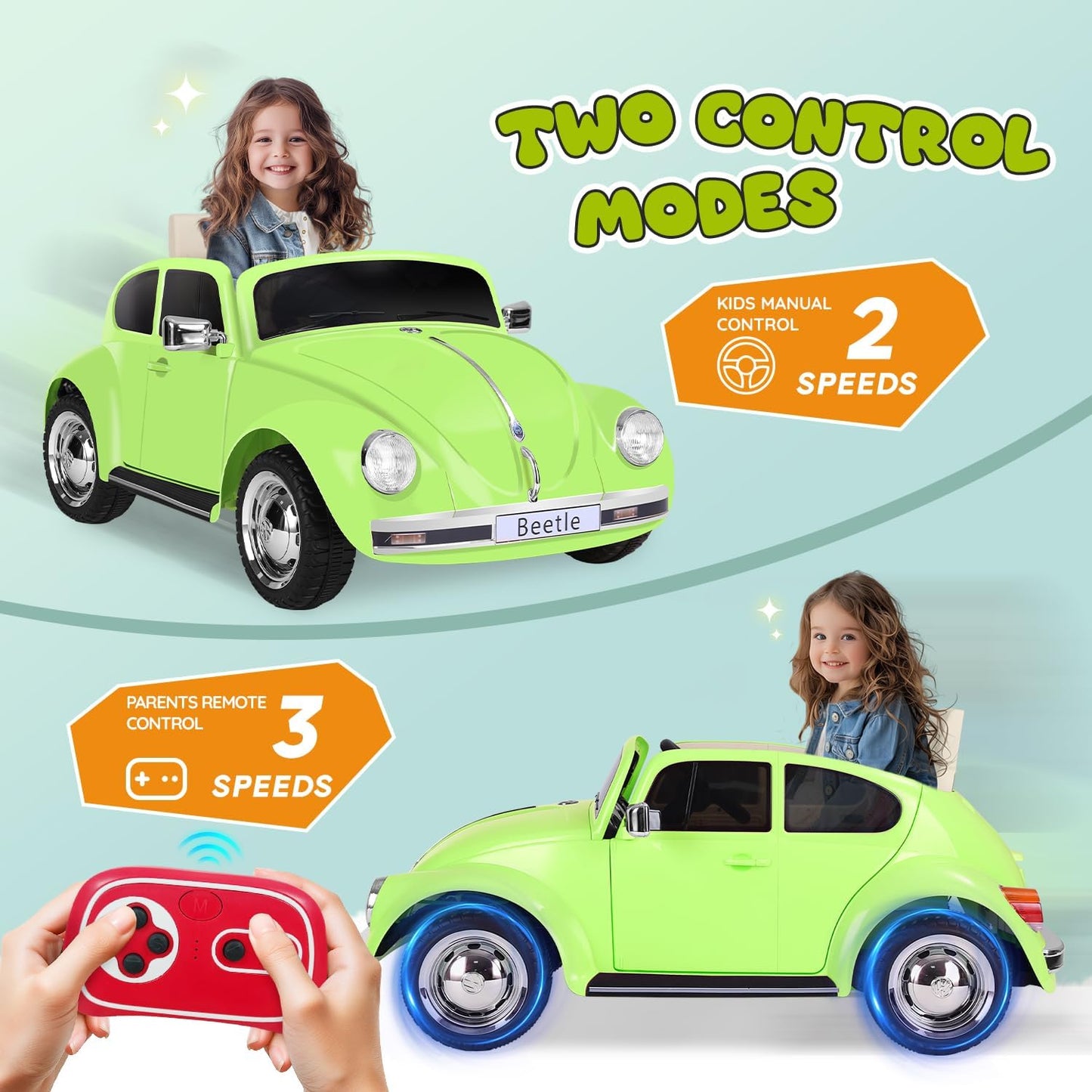 12V Kids Electric Car, Power Wheels with Remote Control, Ride on Car Toys with LED Light, 3 Speeds, Music, Green