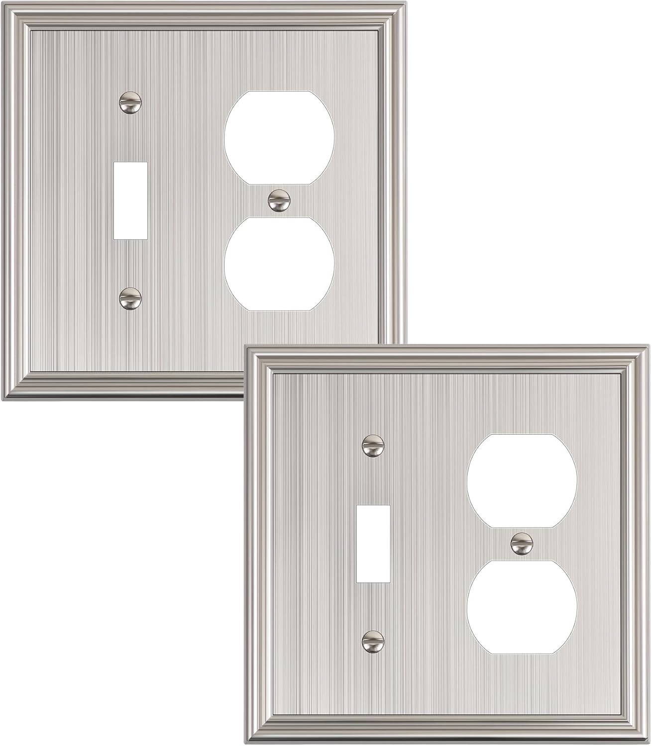 2-Pack Combo Toggle/Duplex Light Switch Cover Plate, Brushed Nickel Wall Outlet Cover Plate, Decorative Wall Receptacle Cover for Electrical Outlets, Light Switch, Durable Solid Zinc Alloy