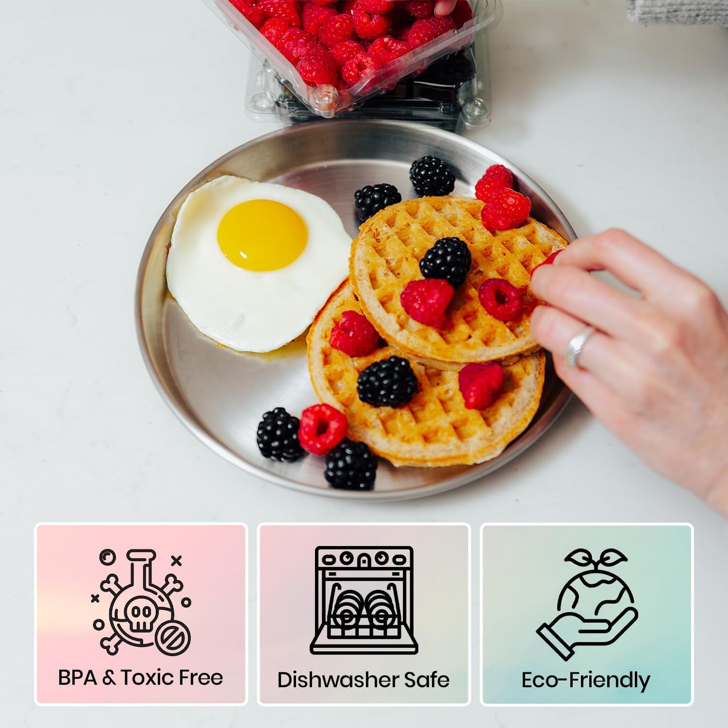 Children's 304 Stainless Steel Four (4) Piece Plate Set, 21 cm, Matte Finish, Plates for Kids, Toxin Free Stainless Steel Dinnerware Set, Non-Divided Plates, 100% BPA Free