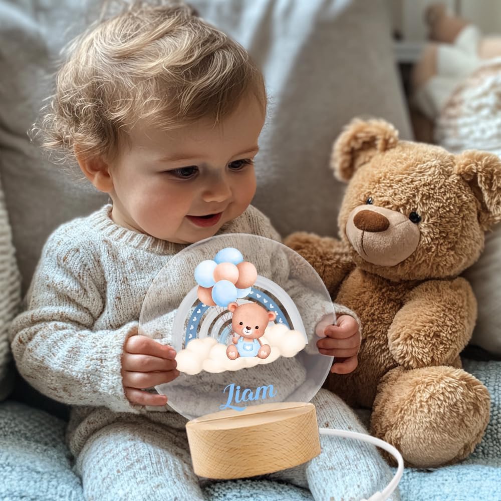 callie Acrylic Night Light Name Plate Personalized, Custom Cute Sleep Bear with Wooden Base Bedroom Decor, Birthday Gifts Christmas Gifts for Family (Cute Bear)