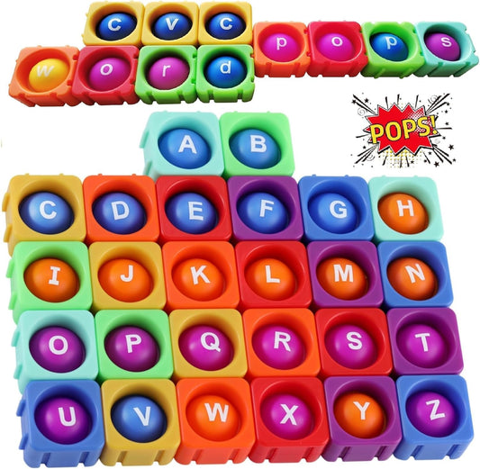 Huge Bubble MultiSensory Uppercase Alphabet POP Fidget Blocks, Classroom Pop Building Blocks。Loud Pop Sounds。Play-to-Learn Reading for Letter Recognition&Phonics &Word-Spell。Gift for Kids age3-8