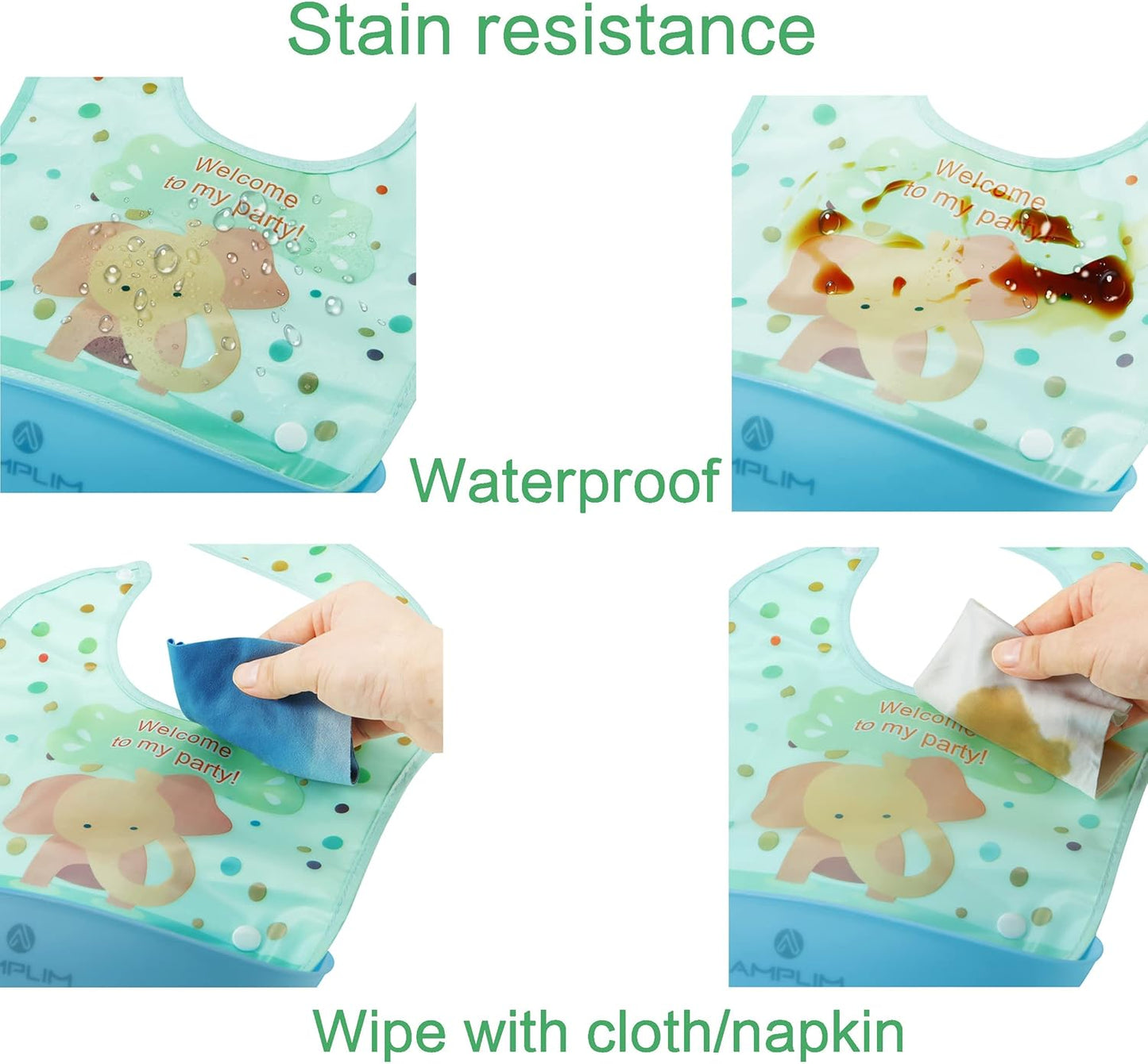 Amplim Baby Feeding Bib (3-Pack) Toddler/Baby Bibs for Eating. Waterproof, Adjustable, Lightweight. Eco-friendly PEVA material. BPA, Lead, Phthalate, Cadmium free