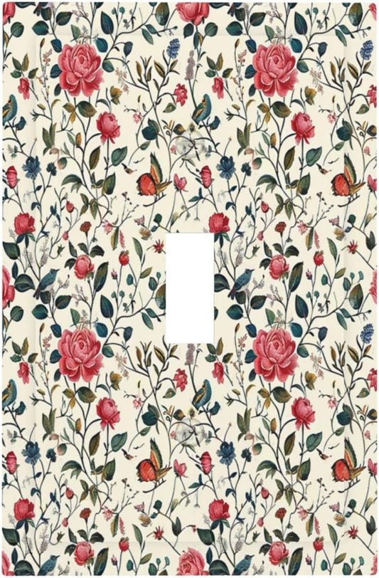 Decorative Light Switch Cover Vintage Flowers Rose Leaf Bird Butterfly 1 Gang Single Toggle Device Electrical Faceplate Switchplates Decorator Outlet Wall Plate for Bedroom living Room Decor