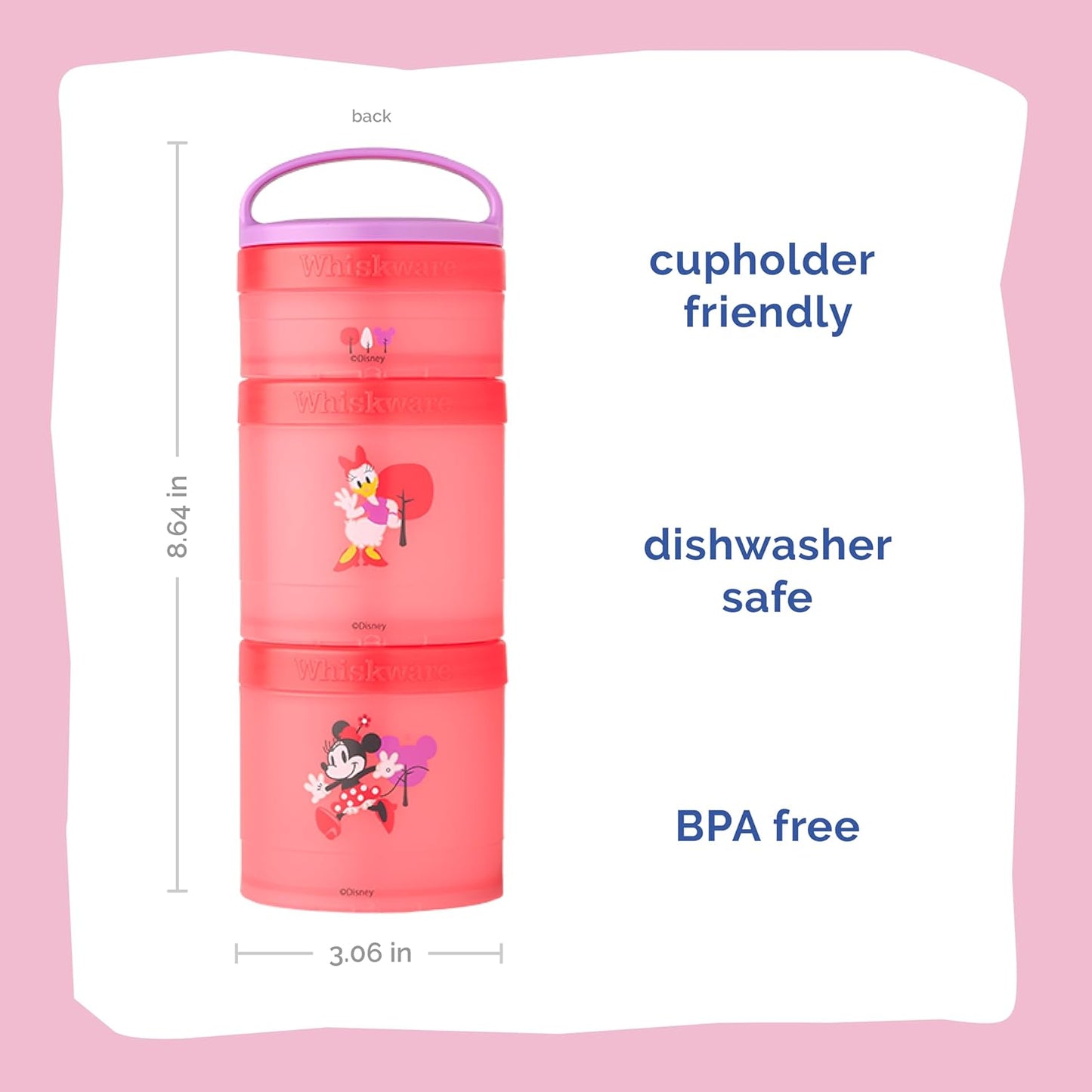 Whiskware Disney Stackable Snack Containers for Kids and Toddlers, 3 Stackable Snack Cups for School and Travel, Minnie and Daisy