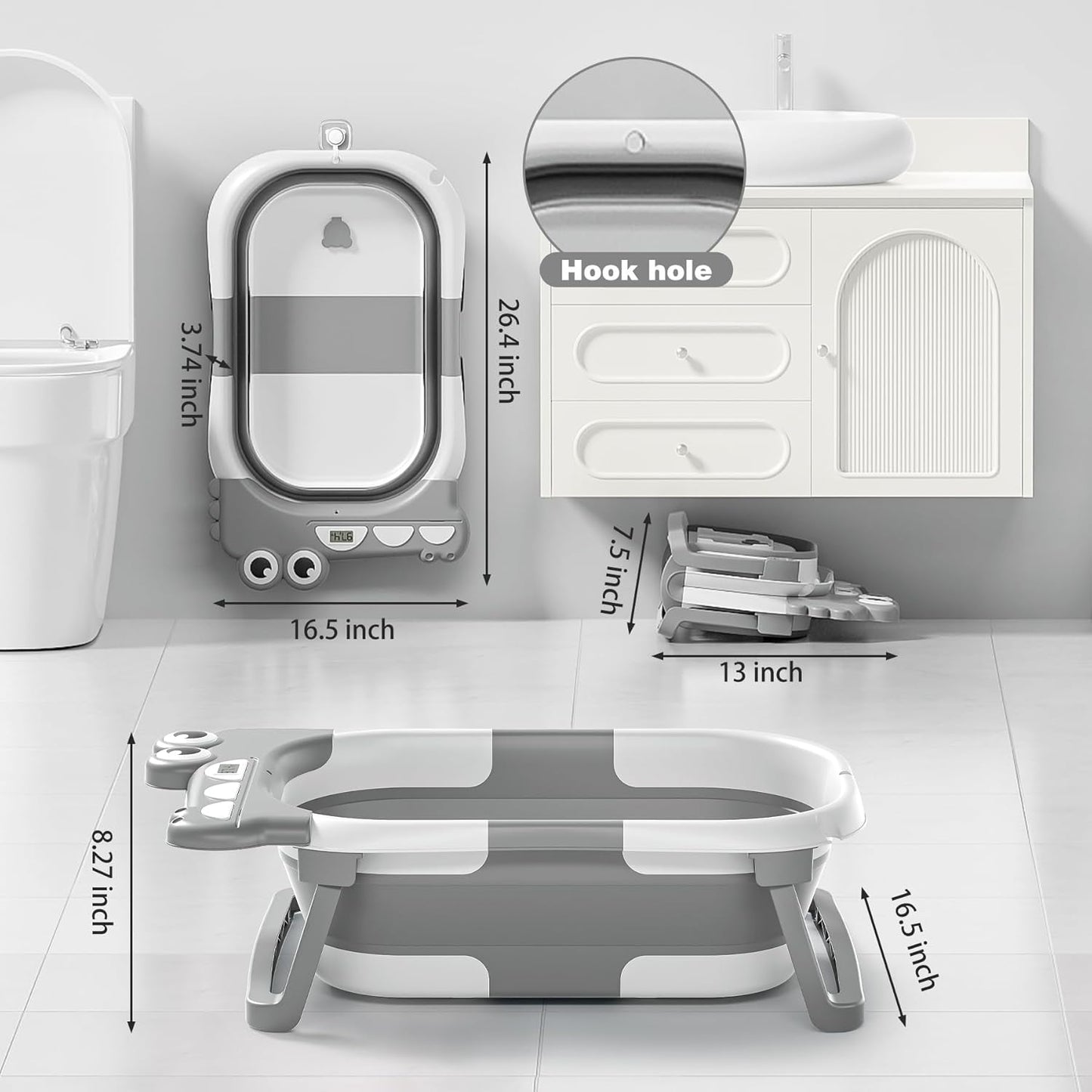 Collapsible Baby Bathtub for Newborn, Foldable Baby Bath Tub with Thermometer & Soft Floating Cushion & Drain Hole, Portable Travel Infant Bath Tubs for Newborns to Toddlers 0-36 Months Boys, Grey
