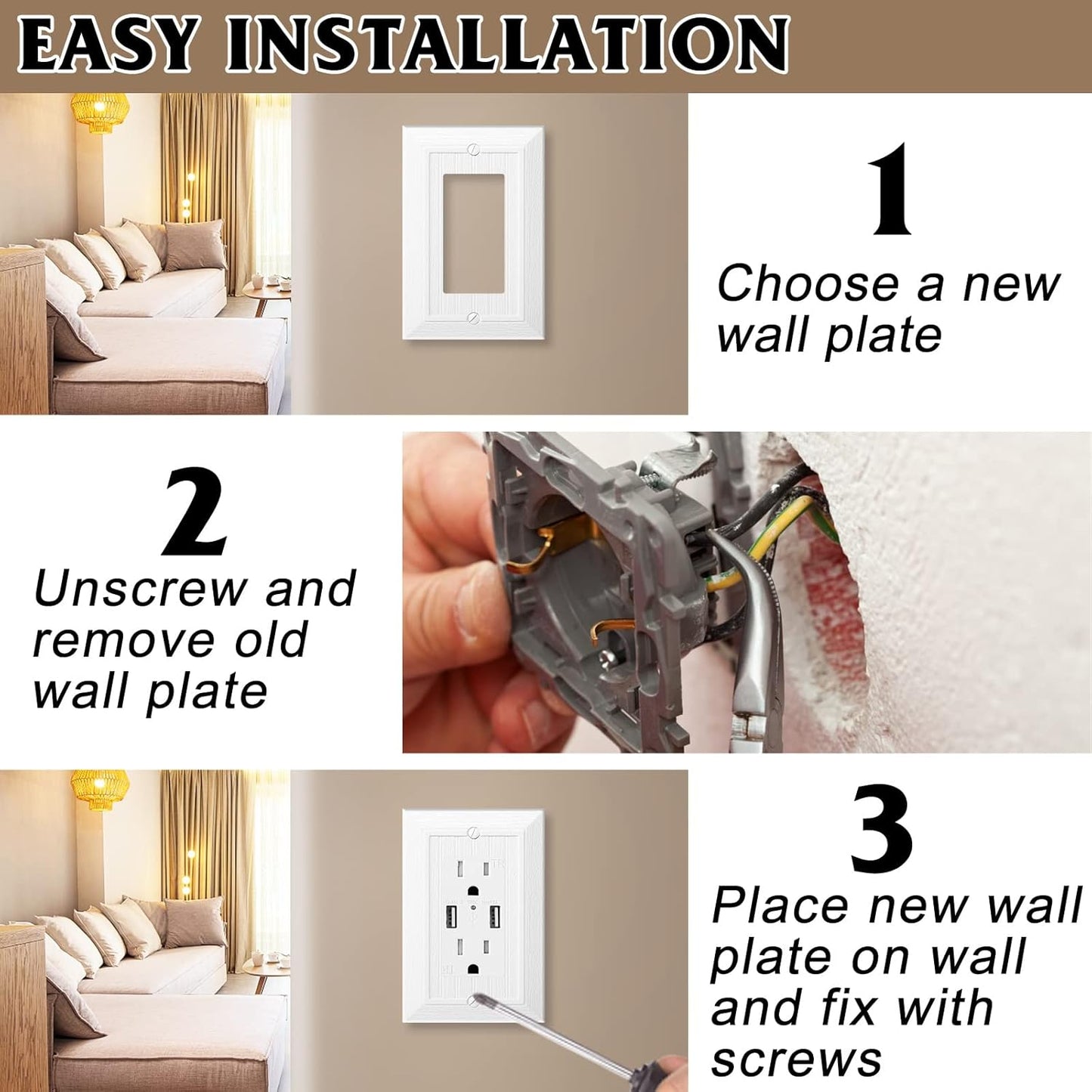 Modern Decorative Wall Plate Switch Plate Outlet Cover, Vintage Retro Wood Grain Design(Single Decorator-10 Pack, White)