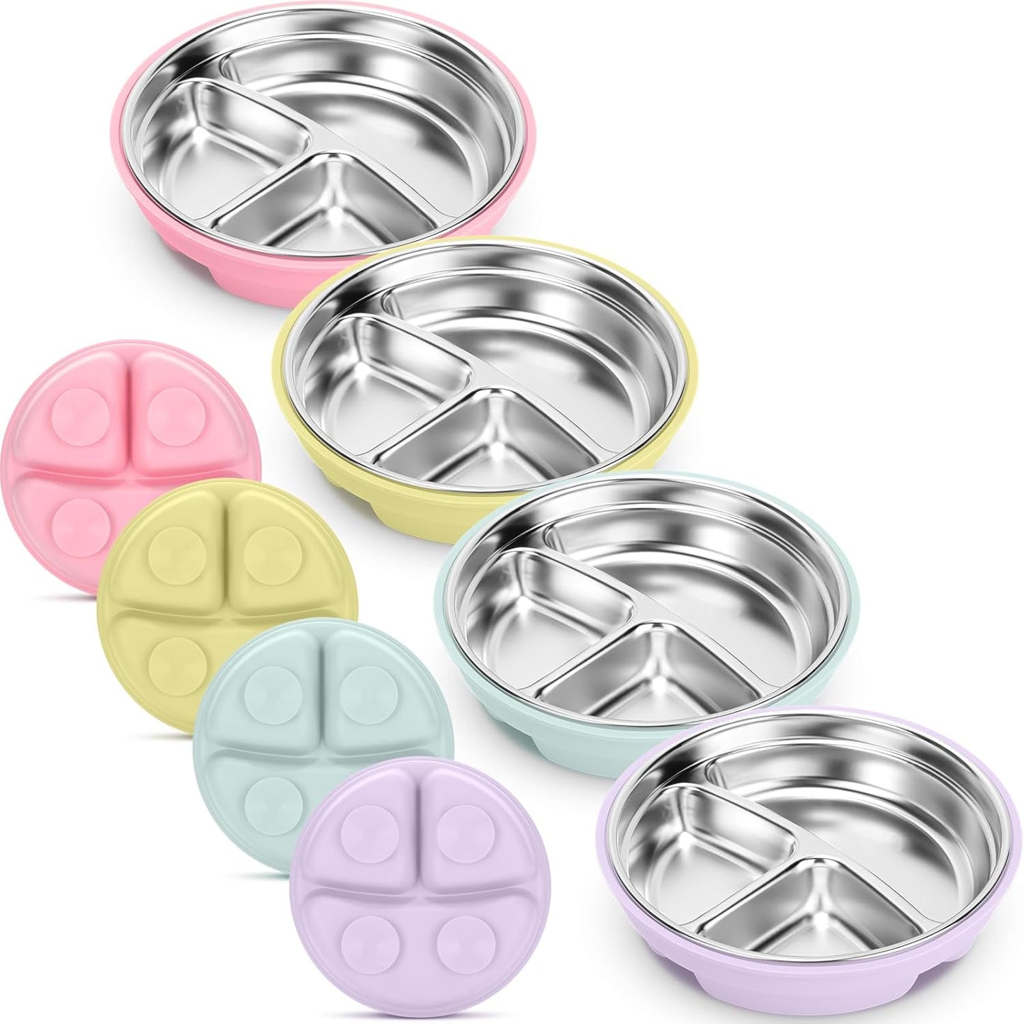 Nuogo 4 Pcs Stainless Steel Baby Suction Plates with Removable Silicone Shell 2-in-1 Metal Toddler Bowl Divided for Picky Eaters Kid Feeding Led Weaning Supply, Dishwasher Safe (Macaron Series)