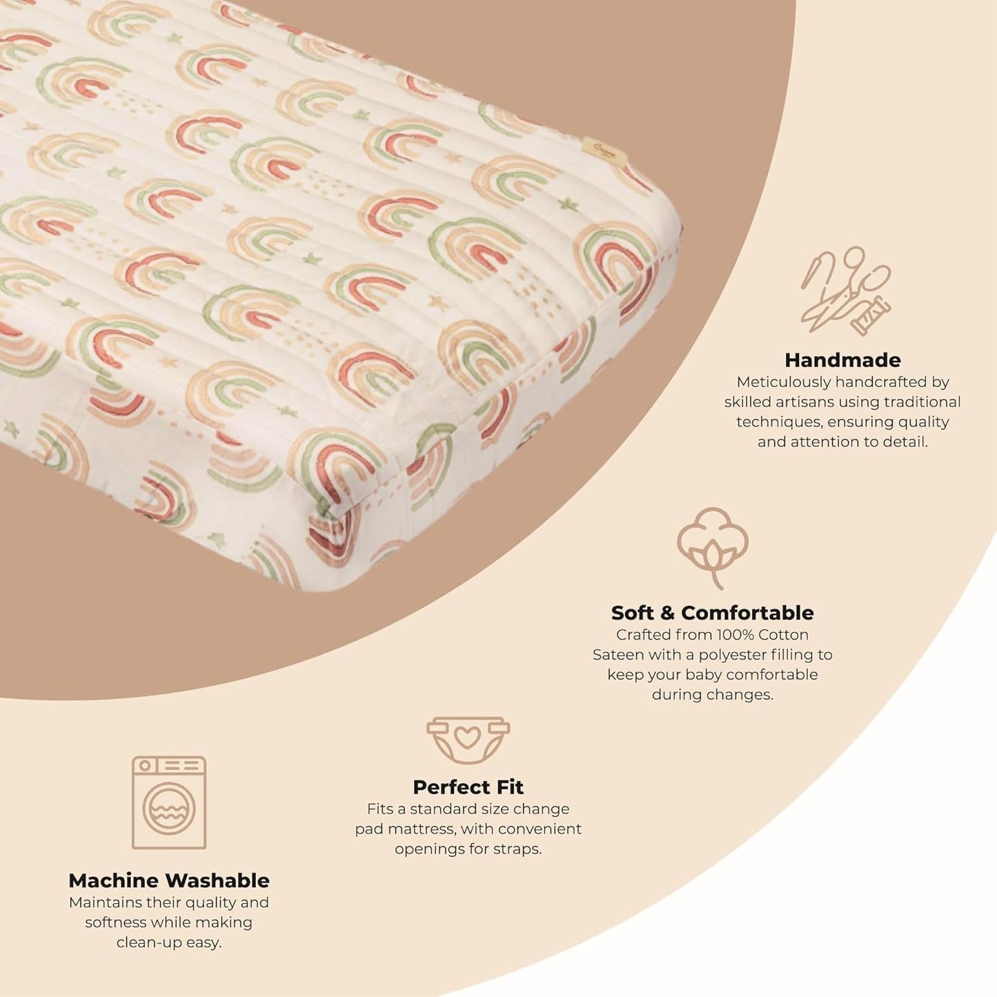 Crane Baby Quilted Changing Pad Cover, 100% Cotton Sateen, 16 X 32, Secure Elastic Fit, Machine Washable, Pink Rainbow Nursery Decor for Girls