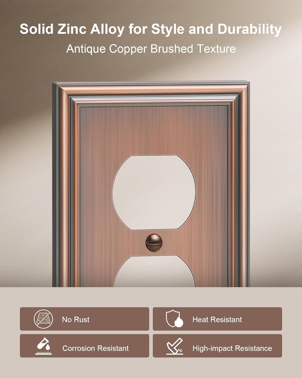 6-Pack Single Duplex Outlet Cover Plate, Decorative Antique Copper Switch Plates and Outlet Covers, Metal Wall Plates for Electrical Outlets, 1 Gang Receptacle Cover, Corrosion Resistant