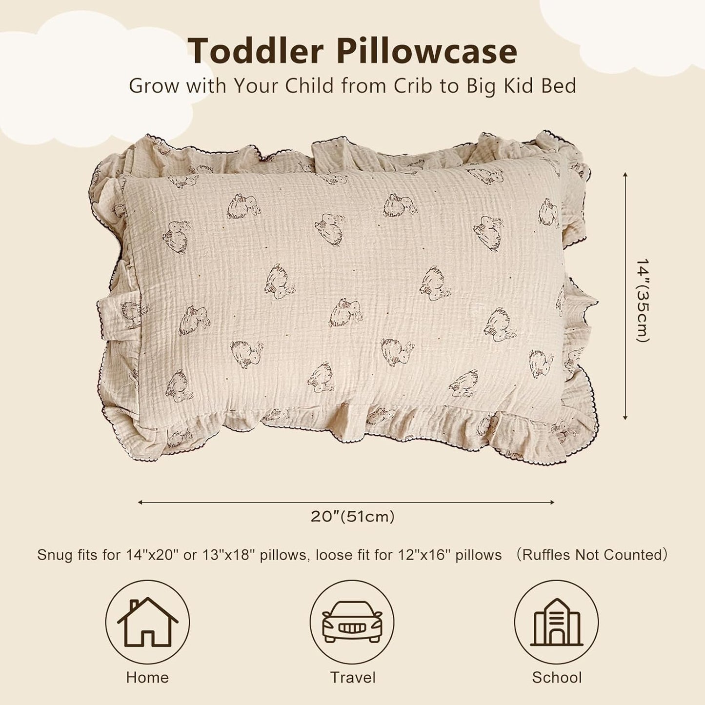 BuLuTu 2-Layer Cotton Muslin Toddler Pillowcase Rabbit Pattern, Soft Breathable Travel Pillow Case Fit for Boys Girls Toddler Pillow 13"x18"or 14"x19", Nursery Decor Kids Pillow Cover 14"x20"