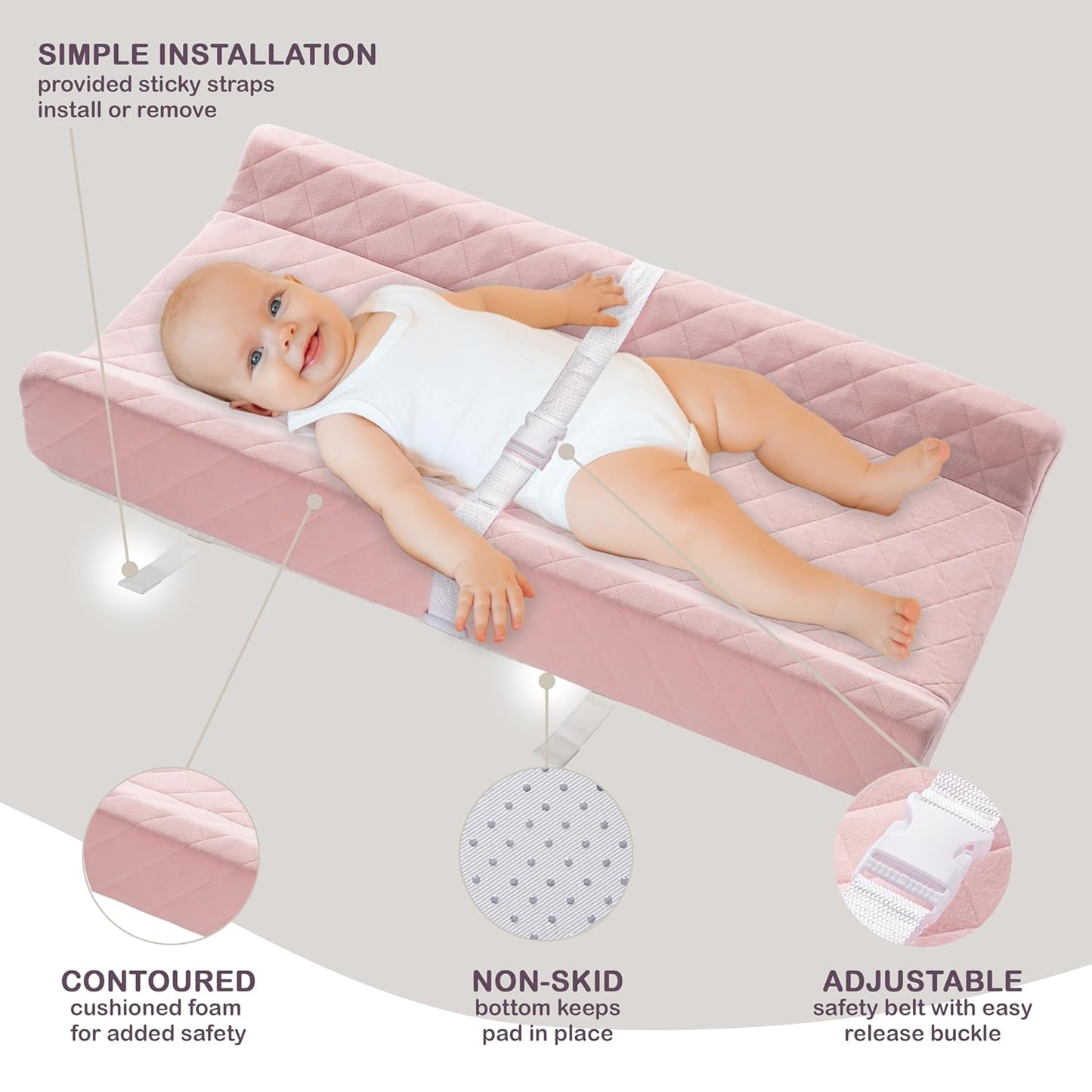 Organic Cotton Contoured Baby Changing Pad w/Waterproof Foam Mattress, Includes Soft, Removable & Washable Cover, Safety Strap, Non-Slip Bottom, Topper for Standard Size Infant Diaper Table & Dresser